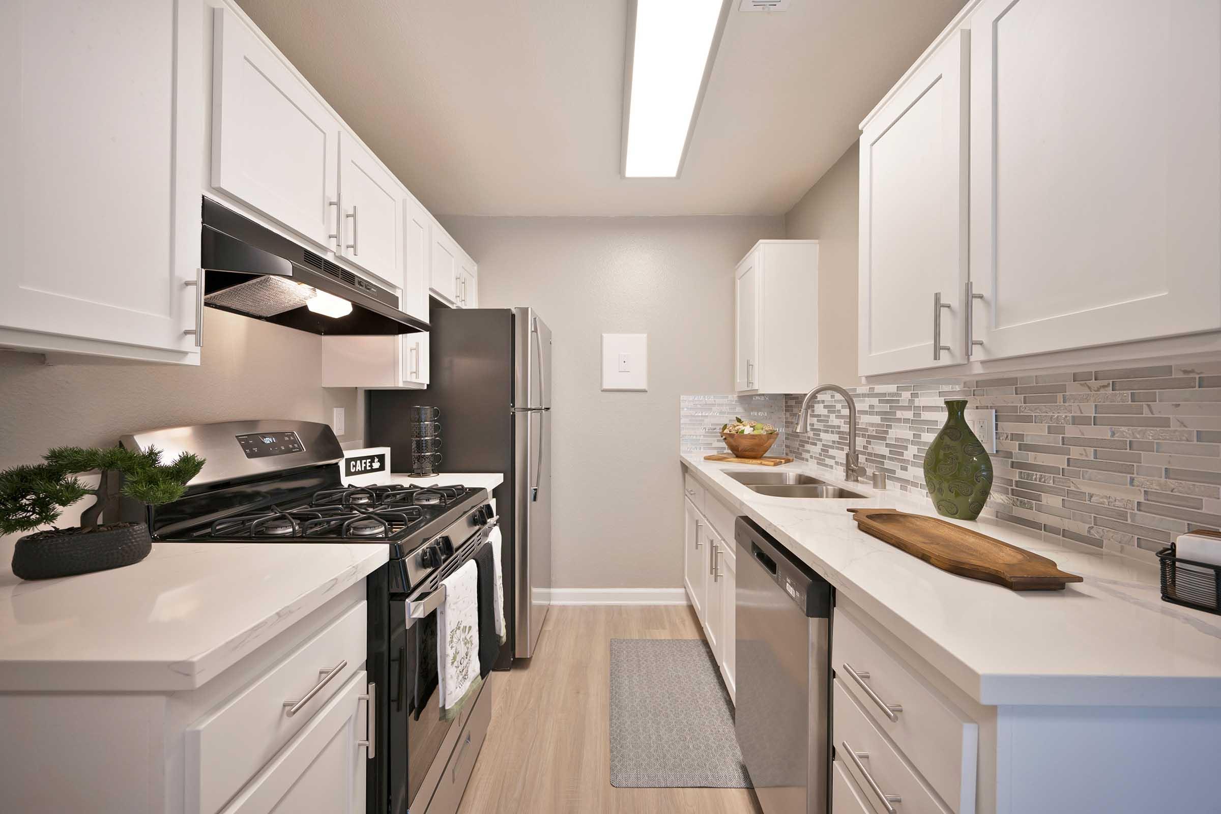 a kitchen with a stove and a sink