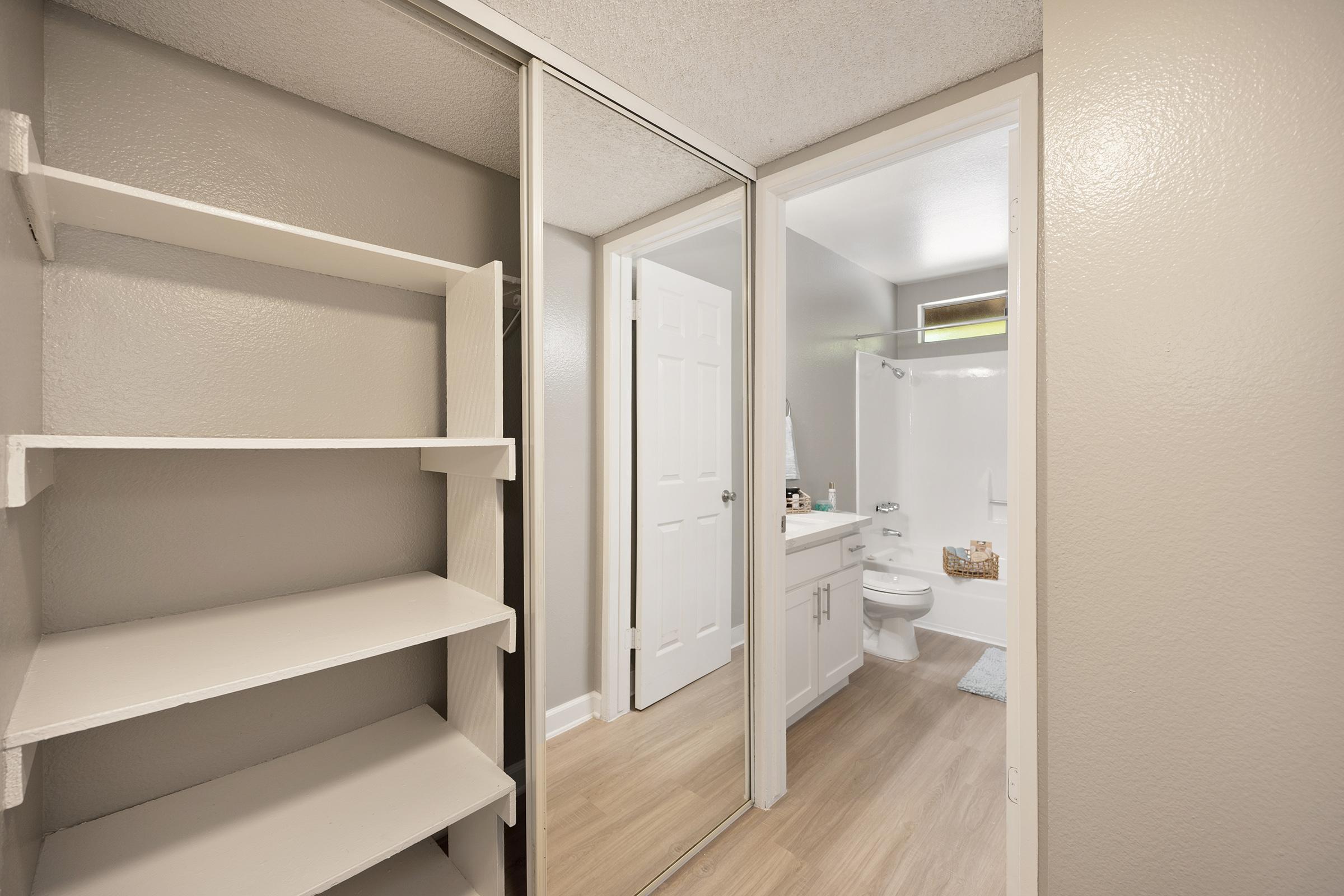 a closet with shelves