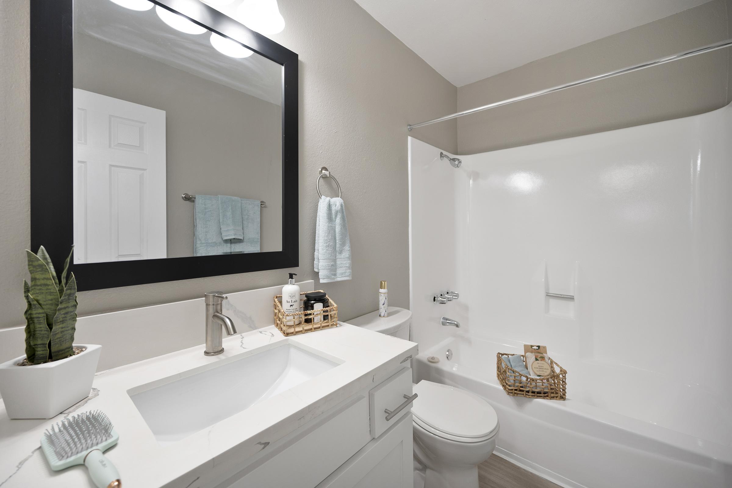 a sink vanity and large mirror