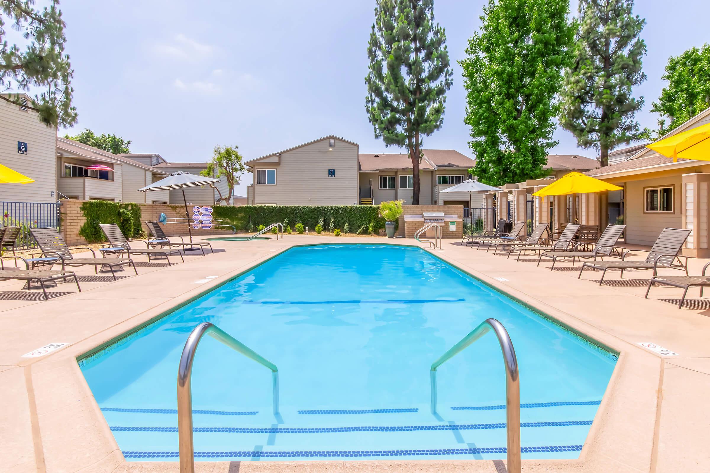 A swimming pool surrounded by lounge chairs and umbrellas, with green trees and residential buildings in the background. The sky is clear, and the pool area is inviting and well-maintained.