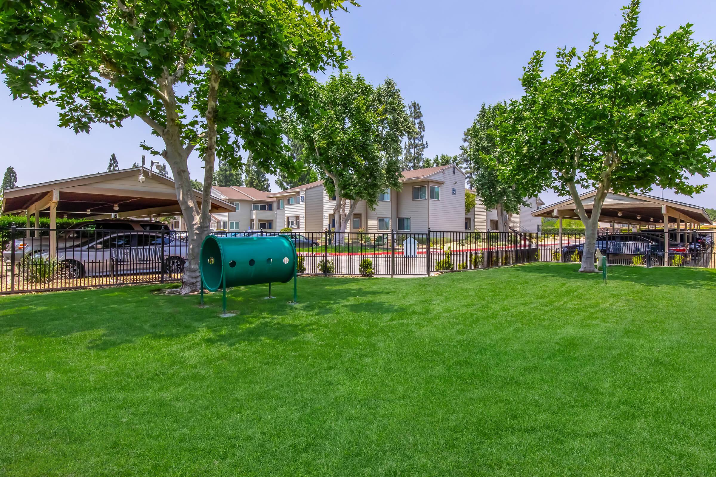 A sunny outdoor area featuring well-maintained green grass, two large trees, and a green cylindrical play structure. In the background, there are apartment buildings with carports and landscaped gardens, creating a pleasant communal space.