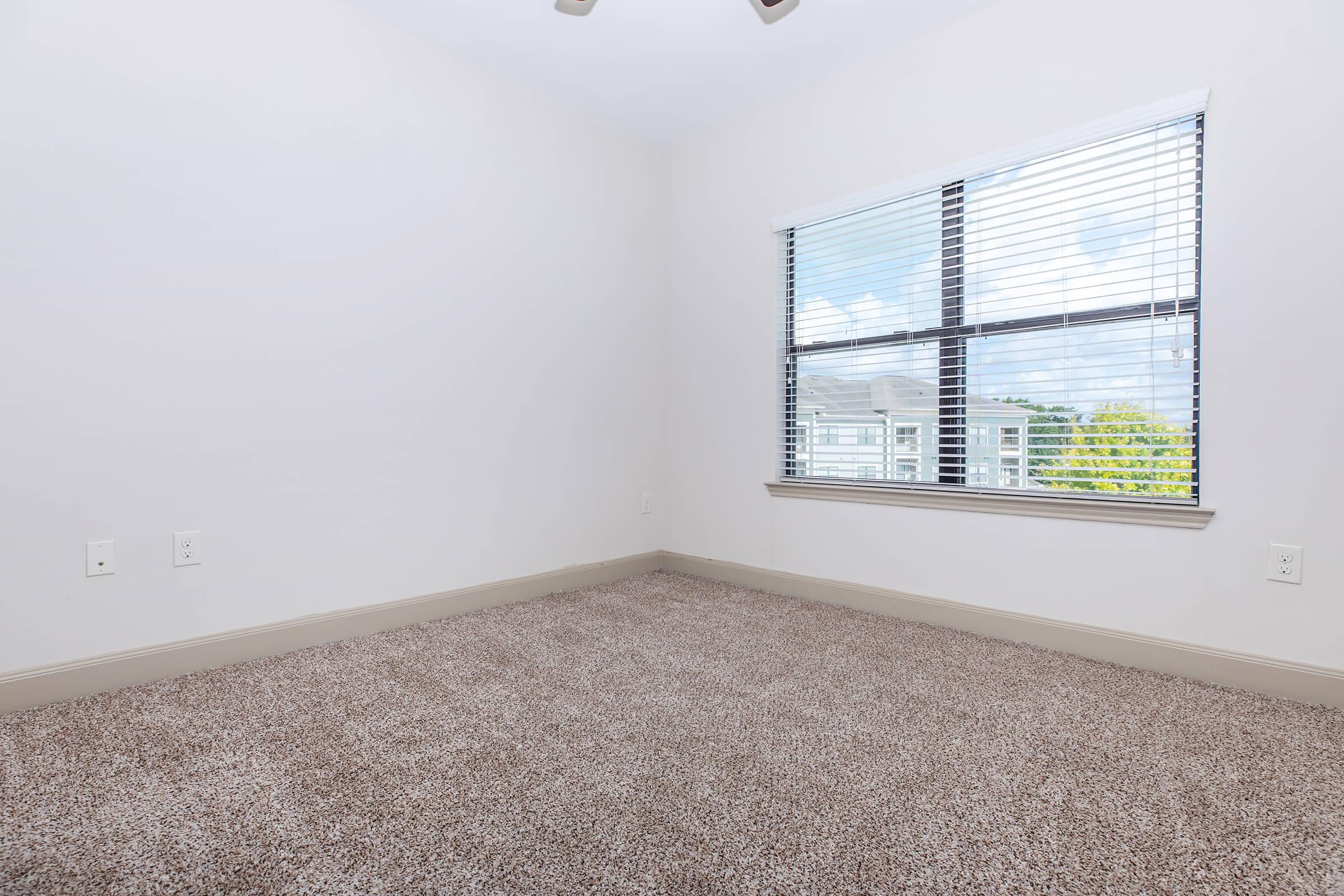 Empty room with light beige wall and carpet, featuring a window with horizontal blinds. Natural light streams in, creating a bright atmosphere. The space is uncluttered, making it ideal for various uses or decoration.