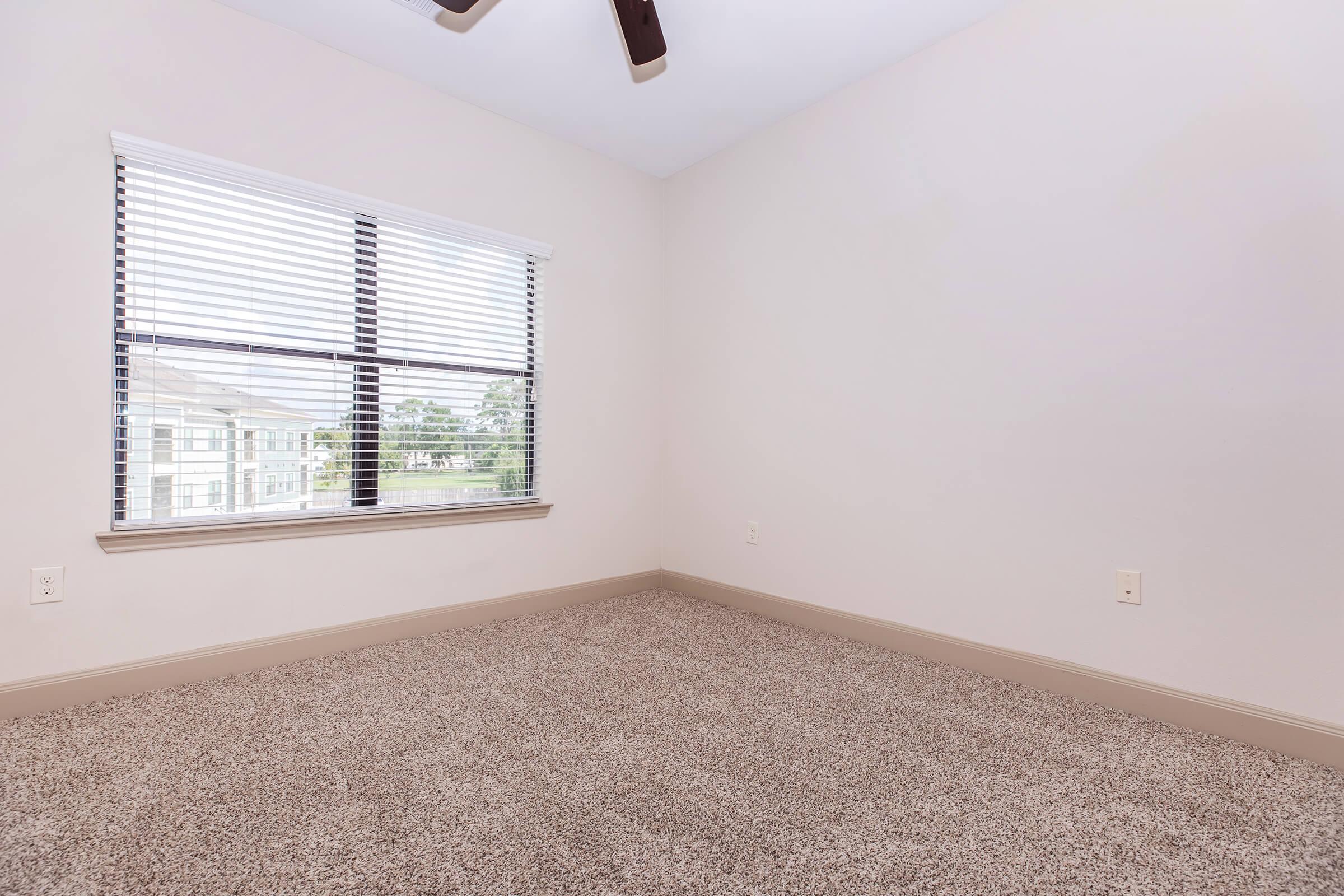 Empty room with light-colored walls and carpeted flooring. There’s a window with horizontal blinds, allowing natural light to enter. The room features a ceiling fan, and the overall atmosphere is bright and spacious, suitable for various uses like a bedroom or office.