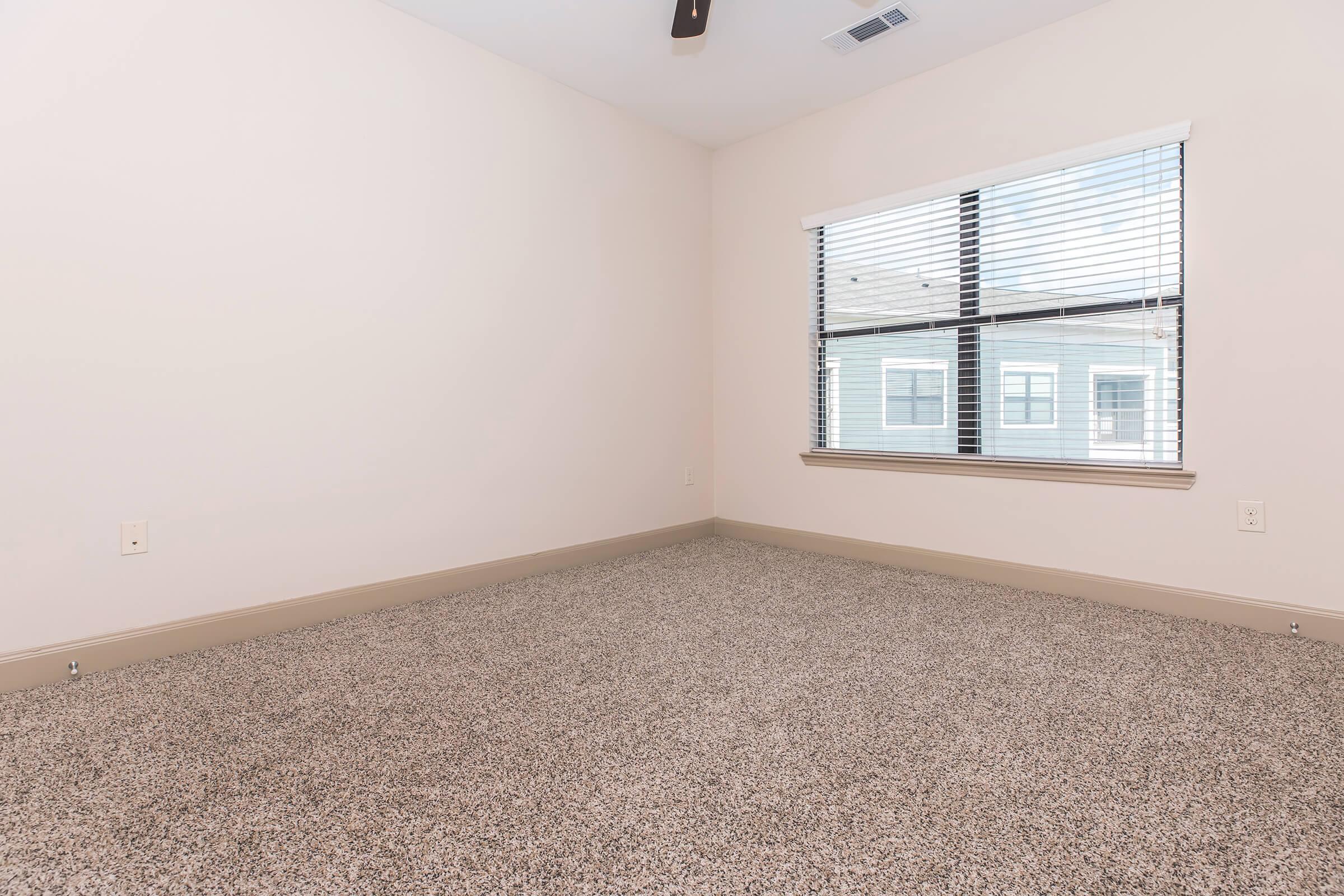 Empty room with light-colored walls and a carpeted floor. A window is visible, featuring horizontal blinds, allowing natural light to enter. The overall ambiance is minimalistic and bright, with no furniture present.