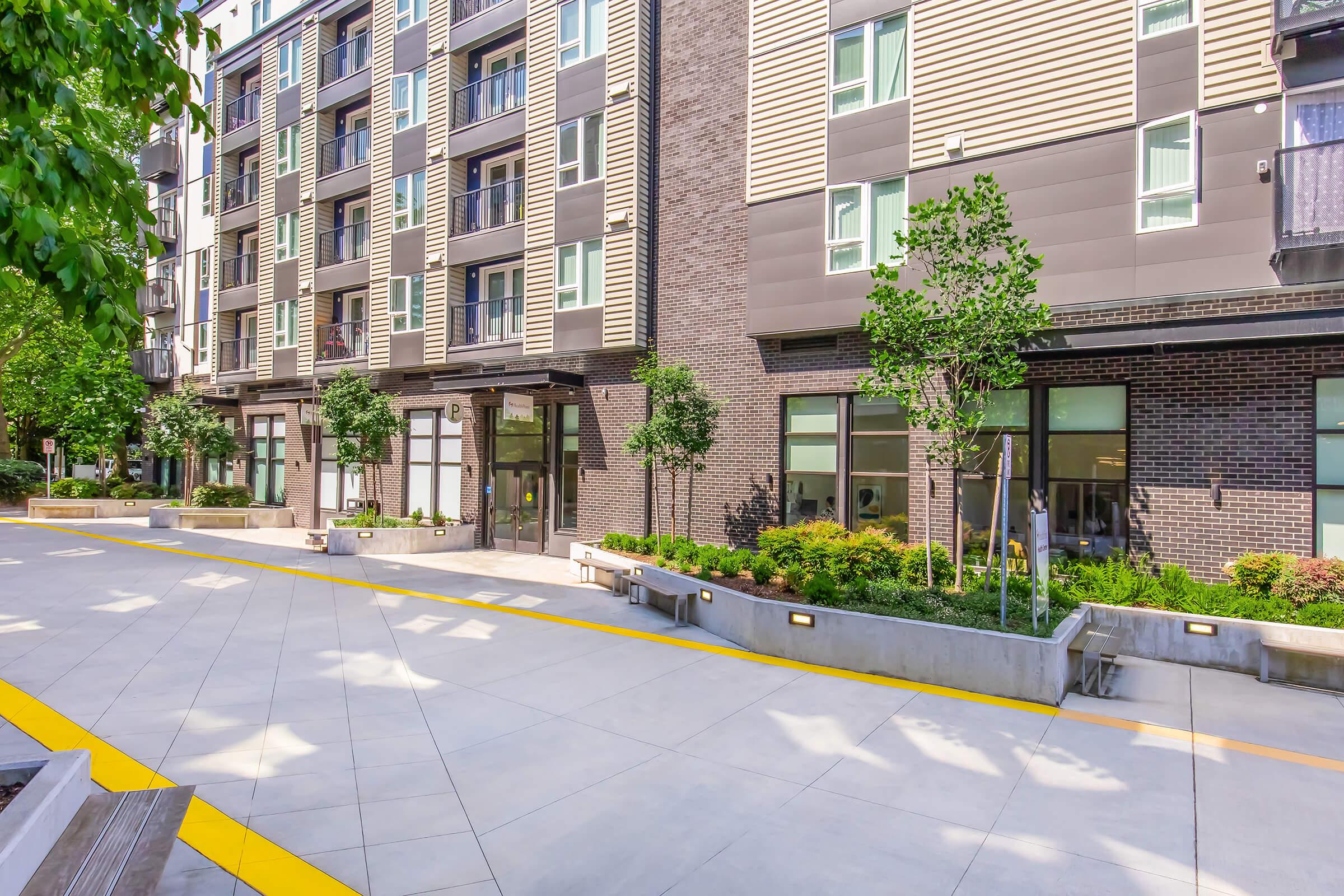 Modern apartment building exterior with large windows and a mix of brick and siding materials. The landscape features small trees and shrubs in planters along a paved walkway marked by yellow lines. Sunlight casts shadows on the clean, contemporary architecture.