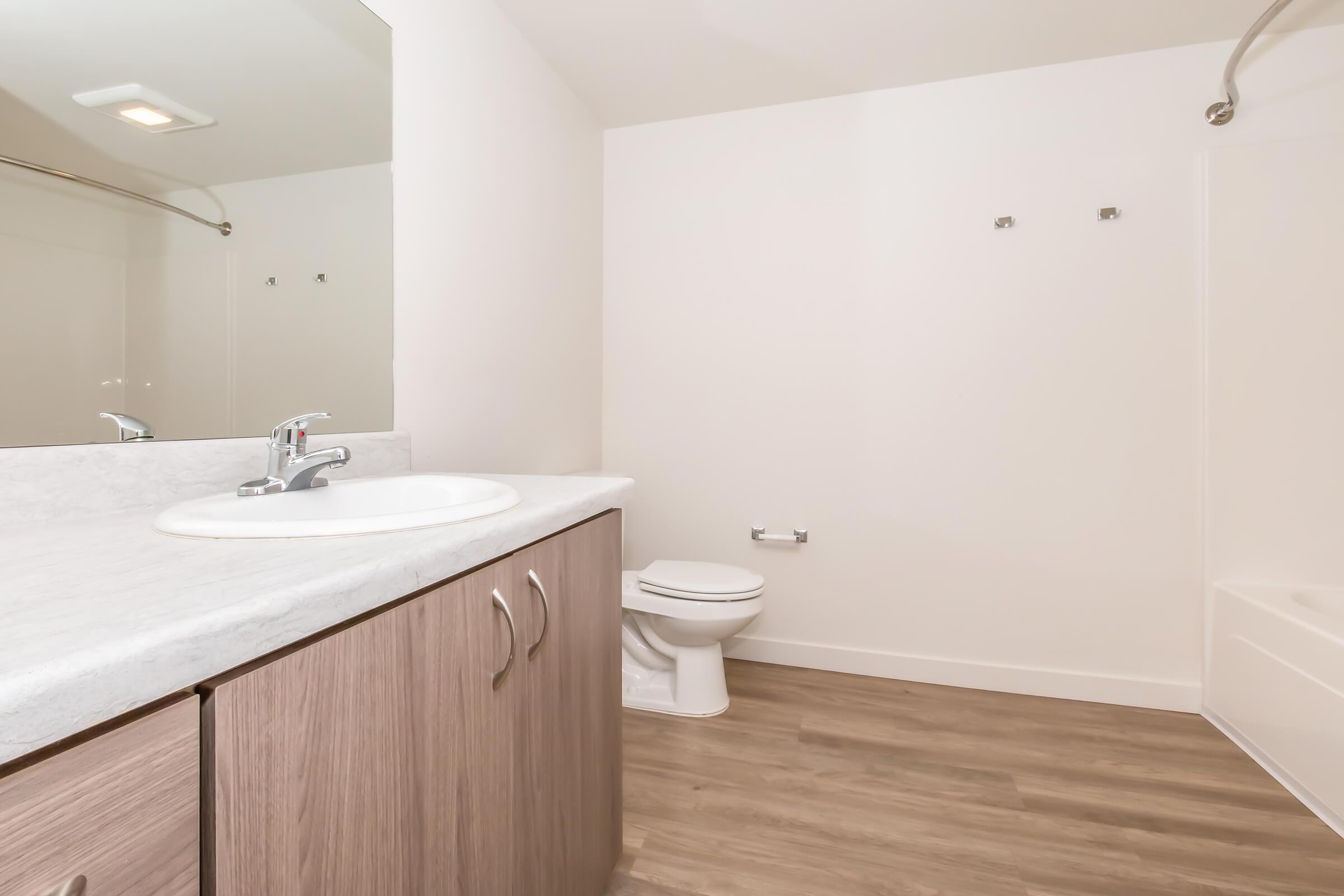 A modern bathroom featuring a white marble vanity with a sink, wooden cabinetry, a mirror, and a toilet. The space has light-colored walls and a wooden floor, with a bathtub visible in the background. The overall design is clean and minimalistic.