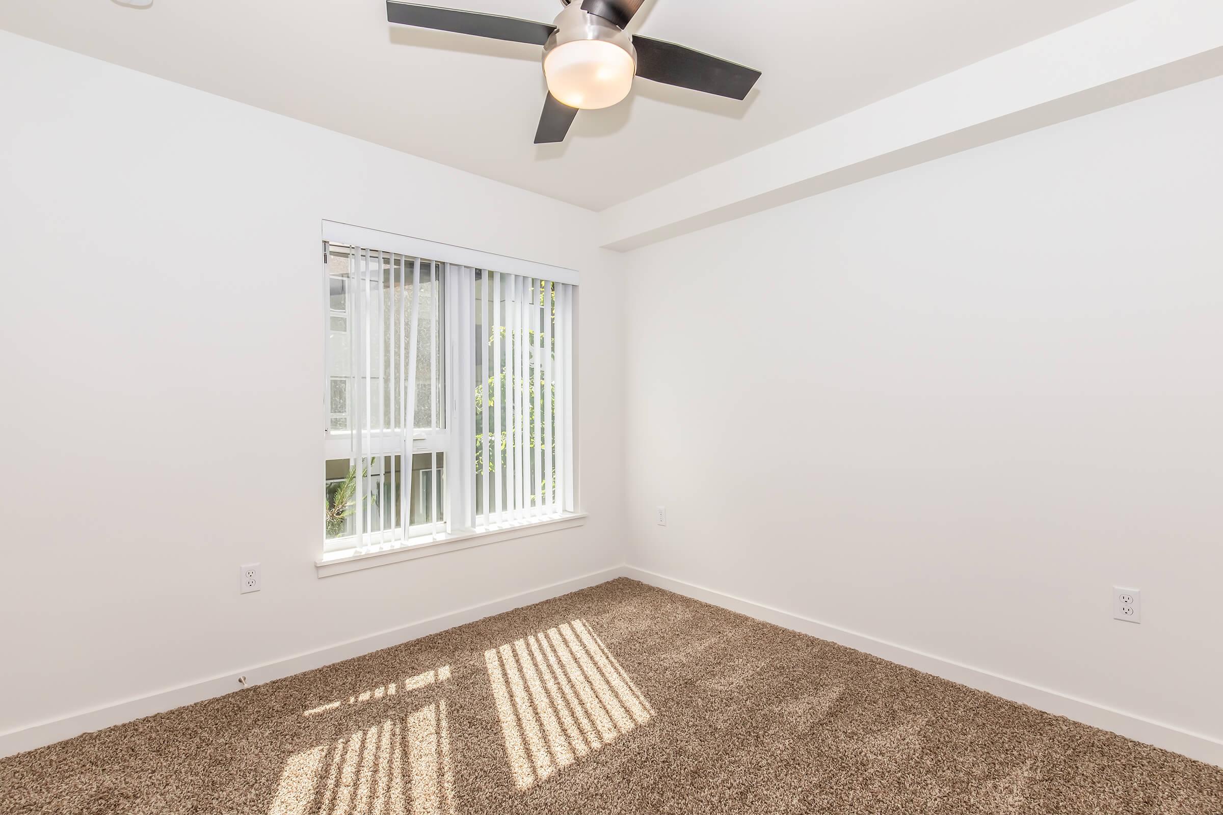 A bright and empty room with beige carpet flooring, featuring a window with vertical blinds that allows sunlight to stream in. A ceiling fan hangs above, and the walls are painted white. The space is uncluttered, creating a minimalist and open appearance.