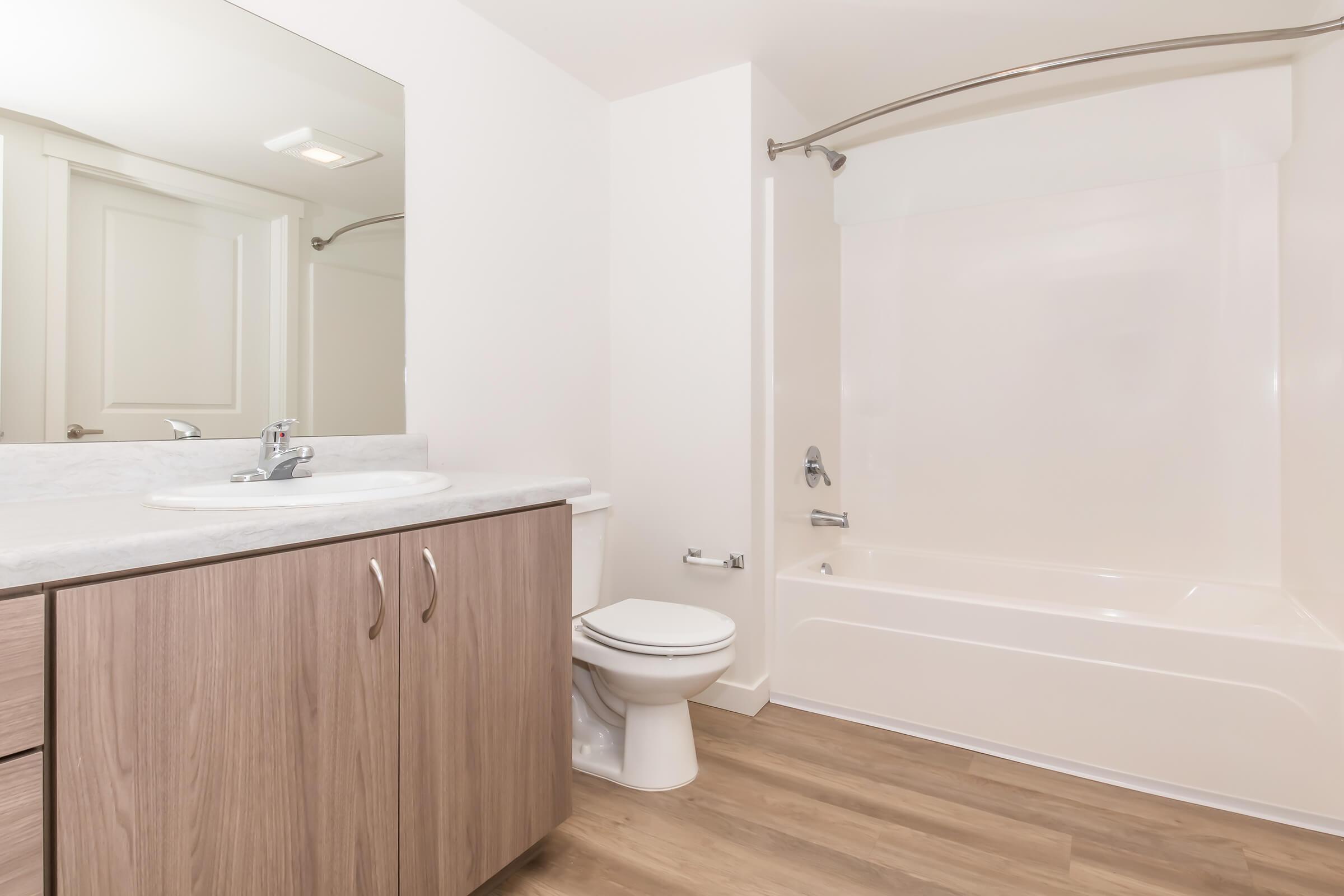 A modern bathroom featuring a light-colored tub and shower combination, a white porcelain toilet, and a sink with a marble countertop. The cabinetry is in a light wood finish, and the flooring is a warm-toned laminate. Bright lighting enhances the clean, contemporary design.