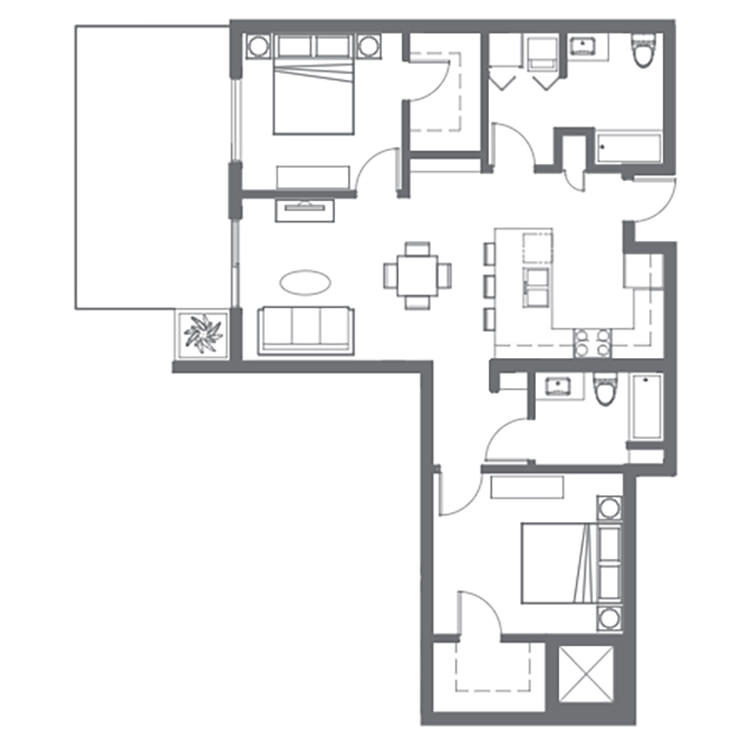 Floor plan image of 1 Bed with Den 2 Bath B