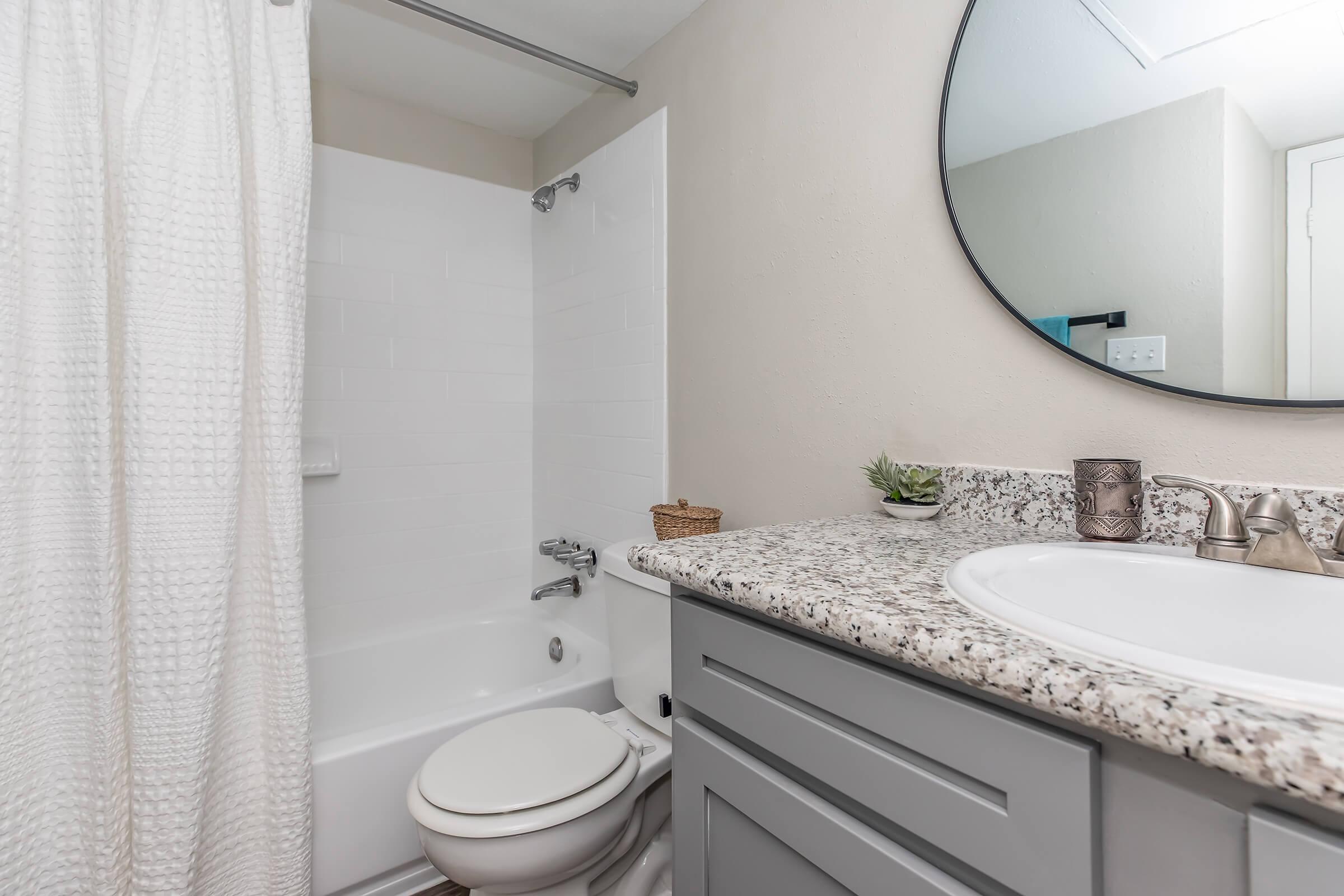 a room with a sink mirror and shower curtain