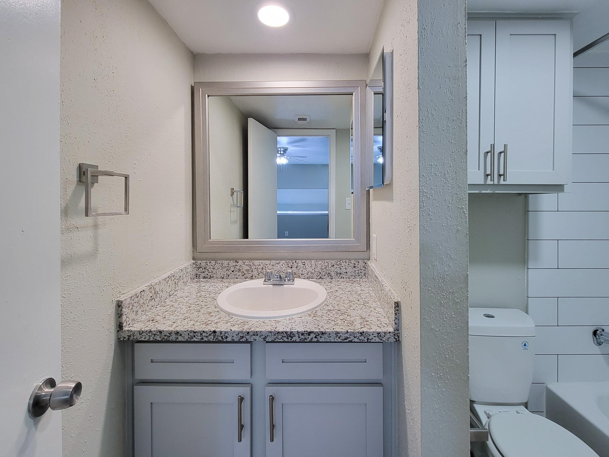 a kitchen with a sink and a mirror