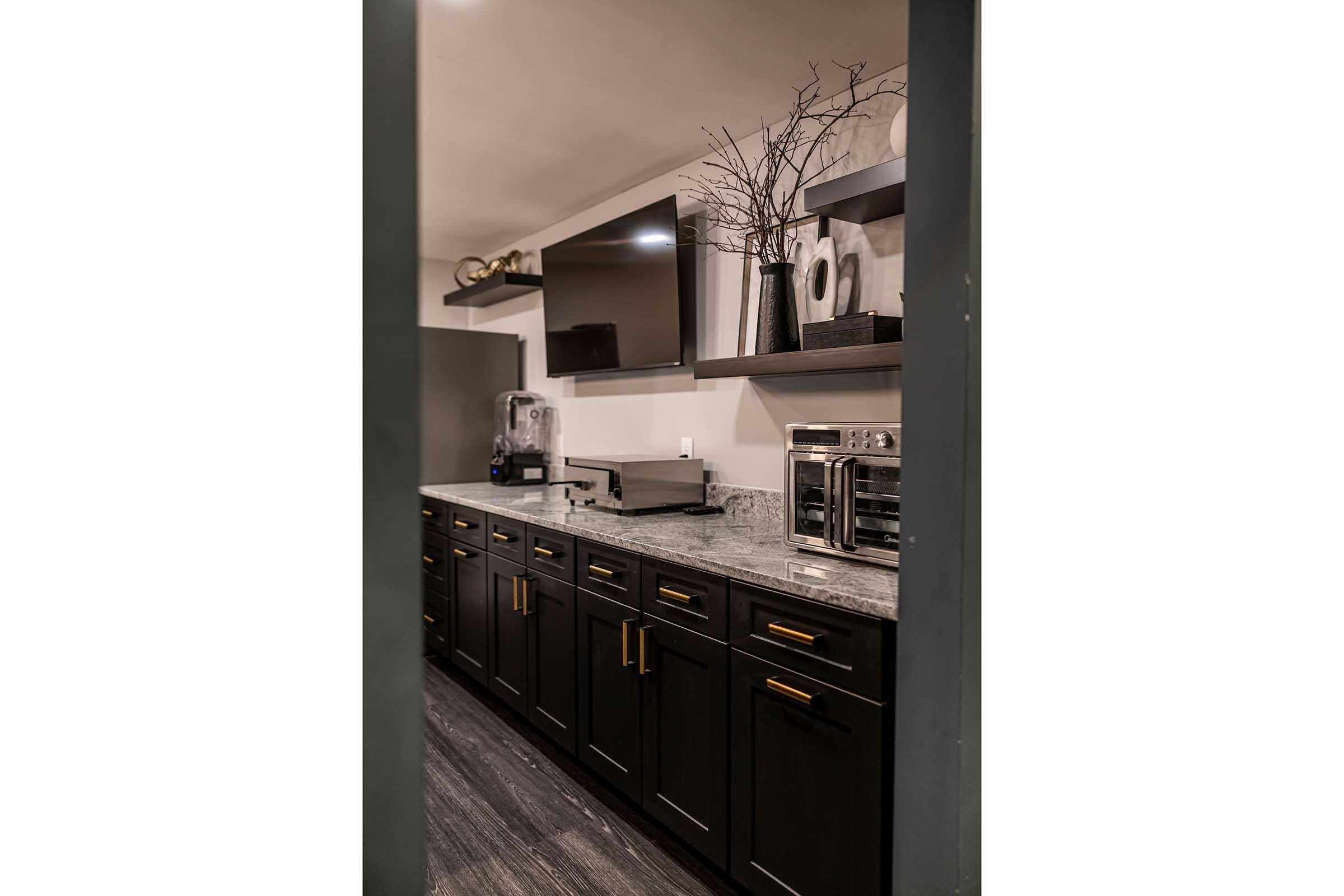 A modern kitchen area featuring dark cabinetry, a granite countertop, and sleek appliances. Wall shelves hold decorative items and a television is mounted above the countertop. The space is well-lit, creating an inviting atmosphere for cooking or entertaining.