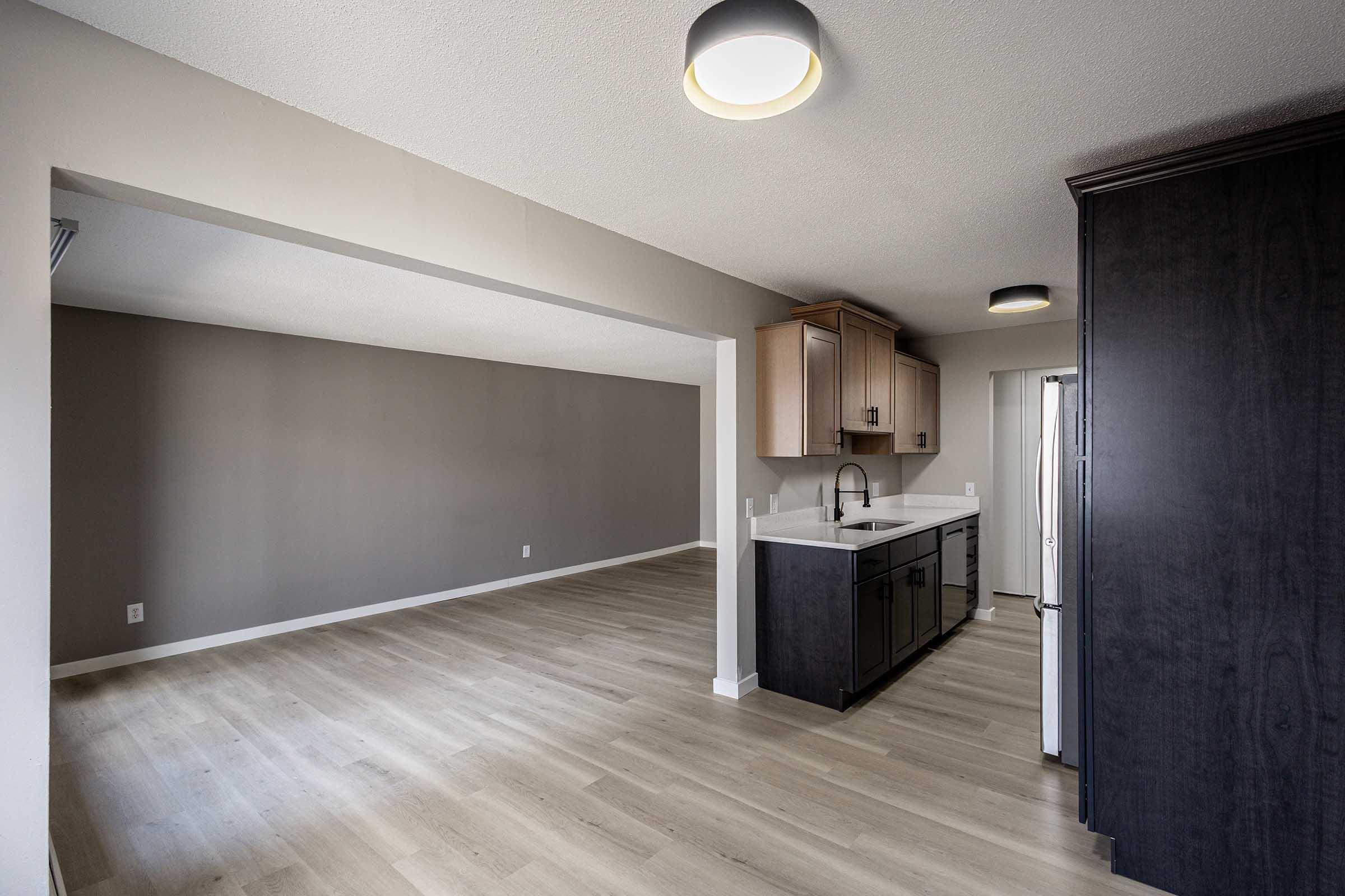 A modern, open-concept kitchen with dark cabinetry, a white countertop, and stainless steel appliances. The kitchen area flows into a spacious, light-filled living room with pale wood flooring and gray walls. A doorway leads to additional space, enhancing the home's airy feel.