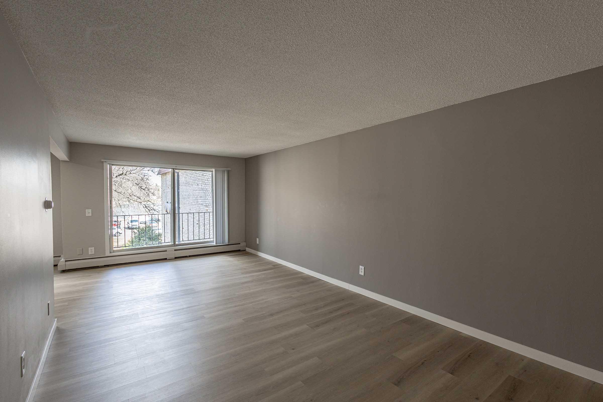 A spacious, empty living room with light gray walls and a wooden floor. A large window lets in natural light, providing a view of the outdoors. The room features a simple layout, with no furniture, emphasizing its openness and potential for decoration.