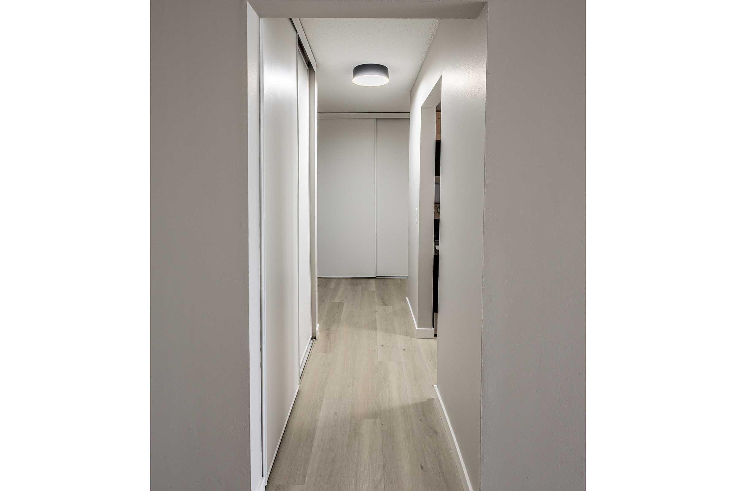 A narrow hallway featuring light-colored walls and a wooden floor. On either side, there are closed sliding closet doors. The ceiling has a modern light fixture, and the end of the hallway leads to a darker area, suggesting a transition to another room.