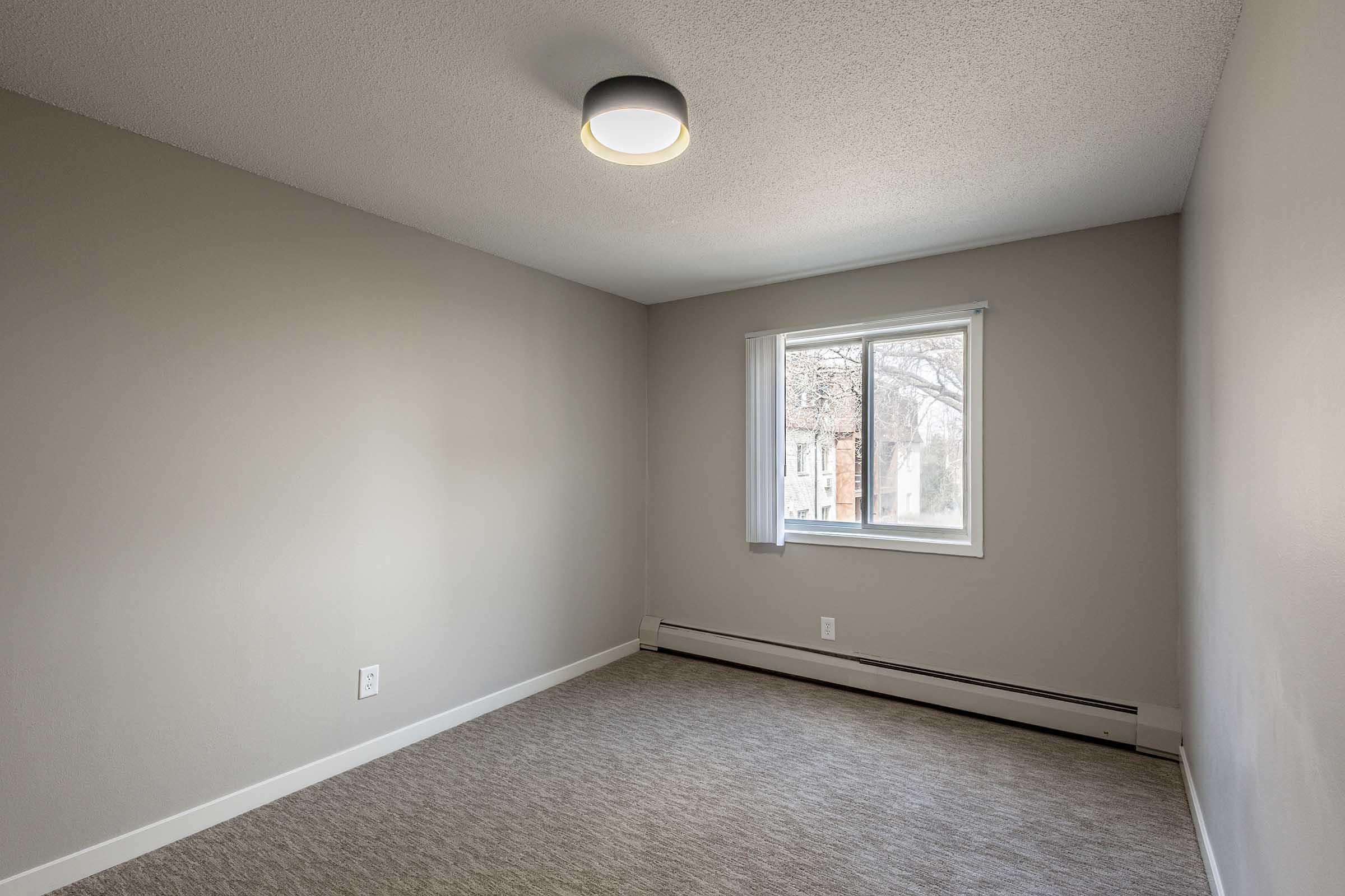 A simple, empty room with light gray walls and a carpeted floor. There's a window with sheer white curtains allowing natural light to enter, and a ceiling light fixture. The room appears freshly painted and well-lit, making it suitable for various uses.