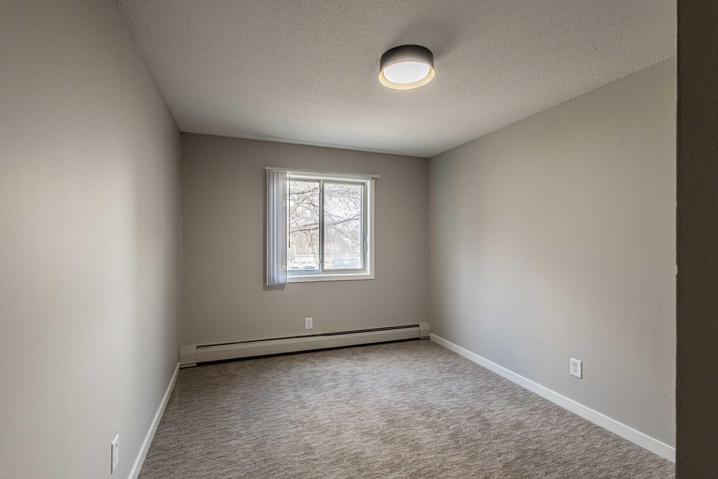 A vacant room featuring light gray walls, a carpeted floor, and a single window with sheer curtains. The ceiling has a modern light fixture, and there are no furnishings present, creating a spacious and minimalist atmosphere.