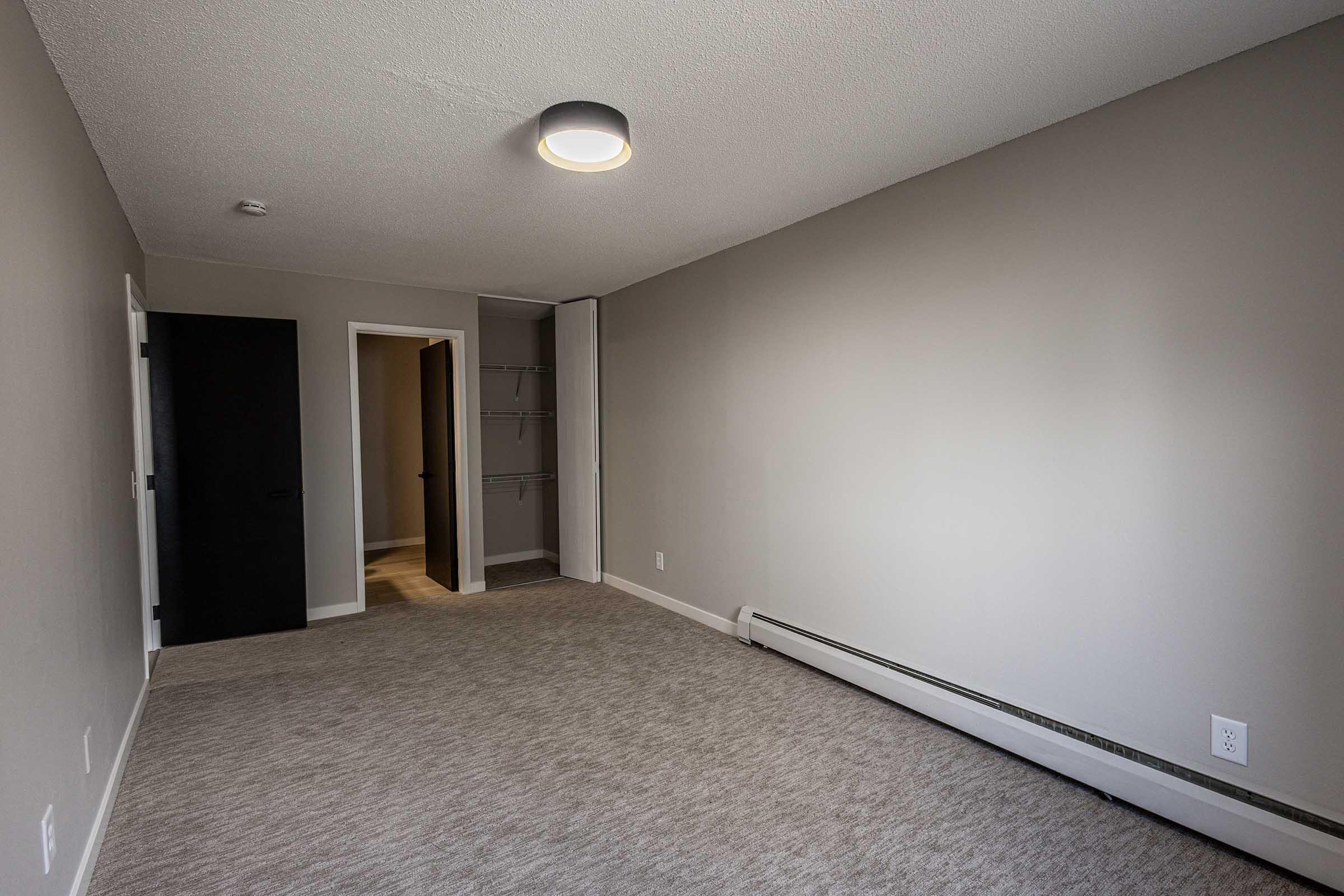 Empty room with light gray walls and carpeted flooring. A ceiling light fixture is visible. One wall has a doorway that leads to a closet space, while another doorway opens to an adjacent room. The overall aesthetic is minimalist and modern.