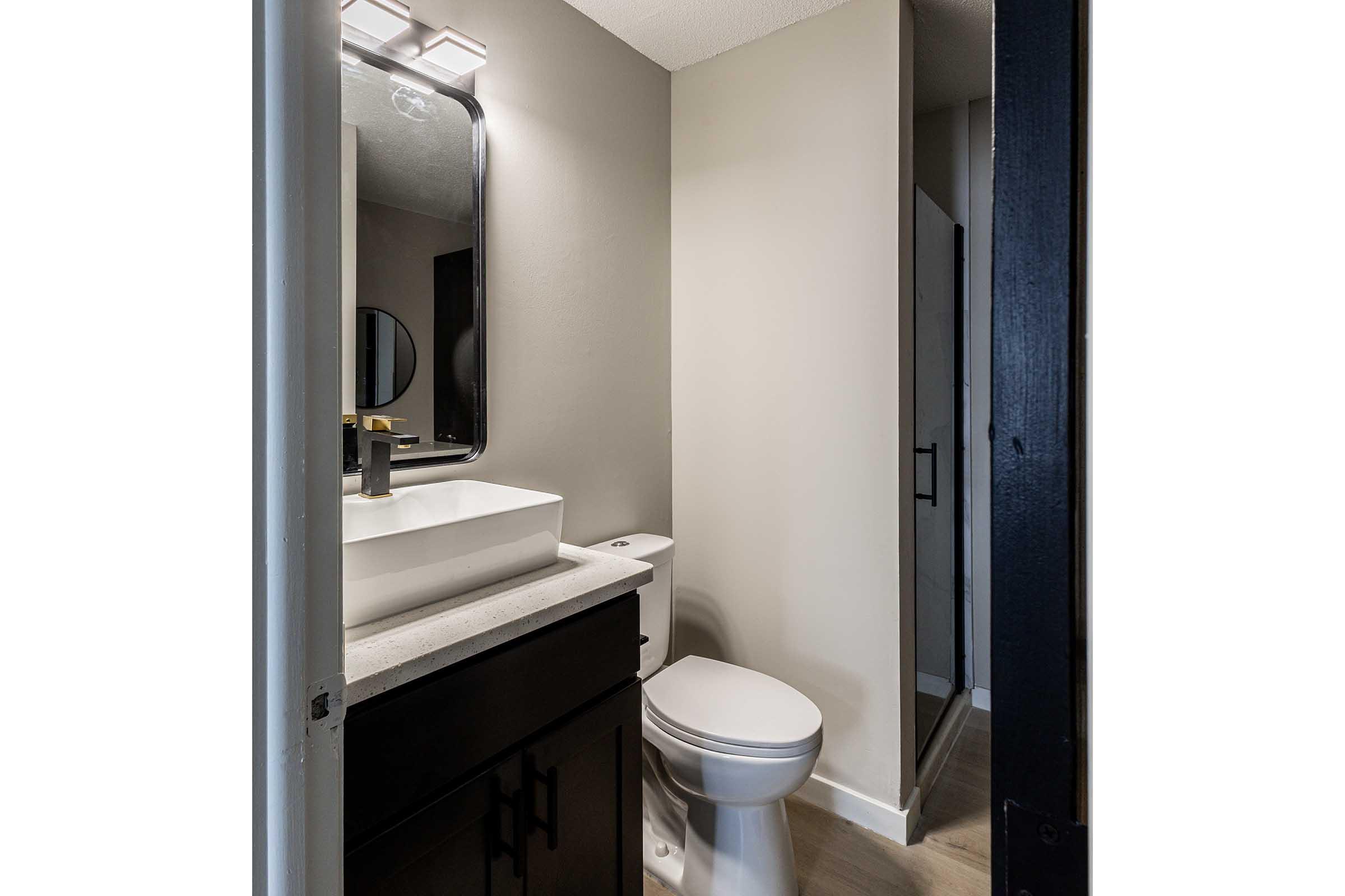 A modern bathroom featuring a sleek countertop with a rectangular sink, a large mirror above, and a stylish light fixture. The walls are painted in a neutral tone, while the floor has a light wood finish. A toilet is positioned beside the sink, and a doorway leads to a shower area.