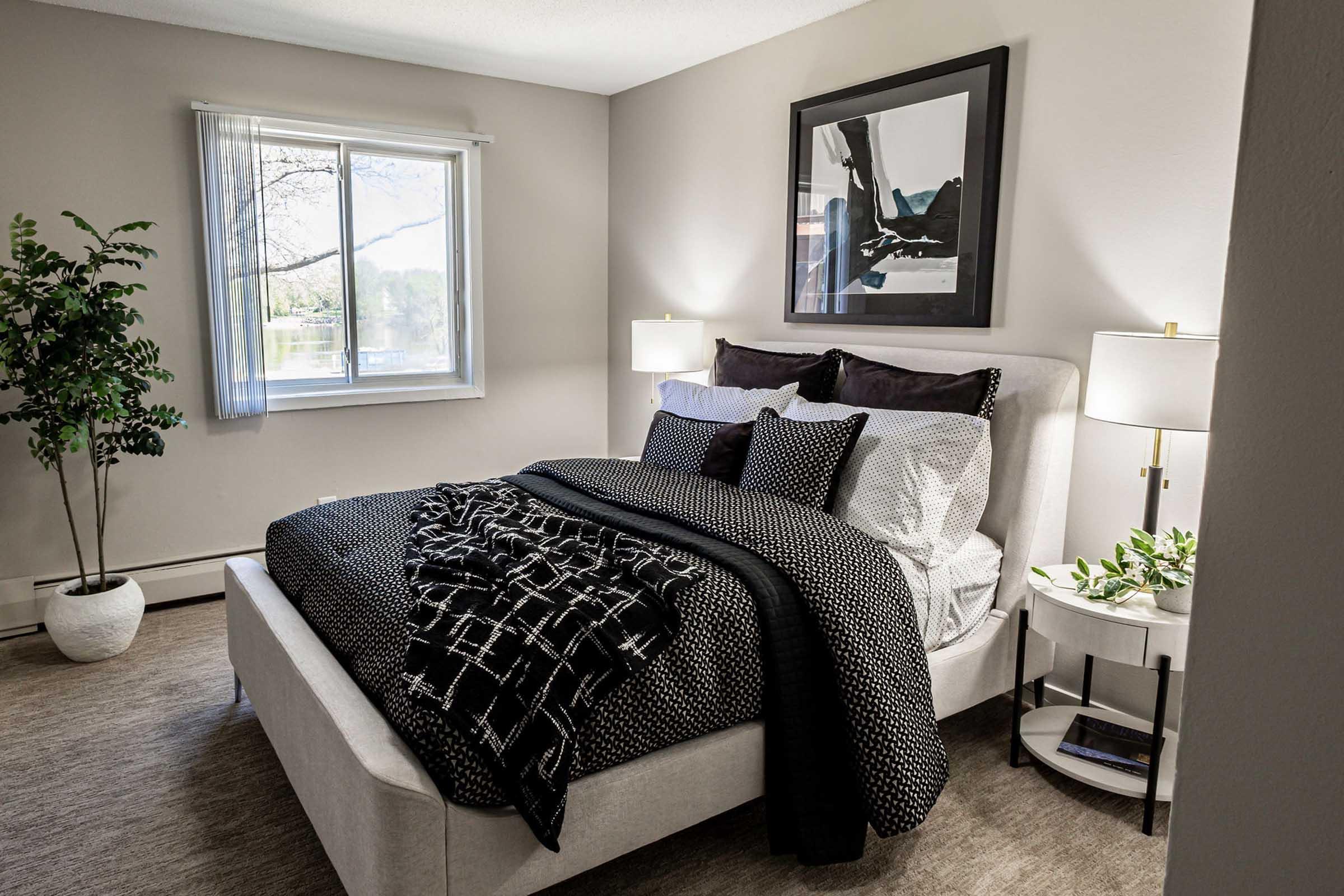 A cozy bedroom featuring a neatly made bed with black and white bedding, a decorative throw blanket, and two bedside lamps. There is a large window allowing natural light in, a small side table beside the bed, and a potted plant adding a touch of greenery to the space. A framed artwork hangs above the bed.