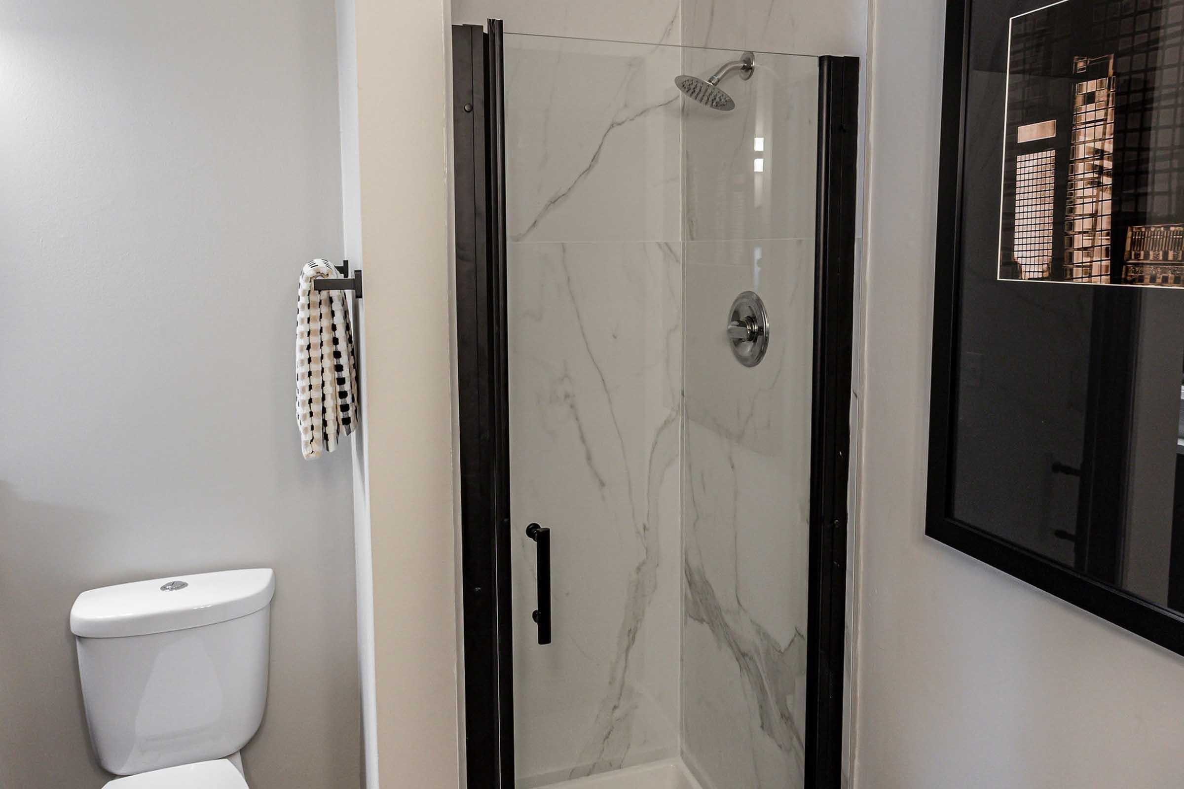 A modern bathroom featuring a glass shower enclosure with a rainfall showerhead. To the left, there's a white toilet. A checkered towel is hanging on a rack nearby, and a framed picture of a cityscape is visible on the wall. The walls are painted light gray.
