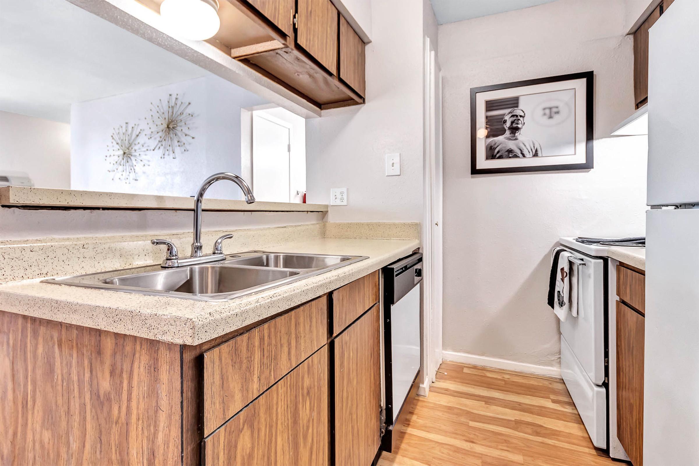 Modern kitchen with wooden cabinetry, double sink, and stainless steel appliances. The countertop is light-colored, and a framed black-and-white photo hangs on the wall. The flooring is hardwood, creating a warm and inviting atmosphere.