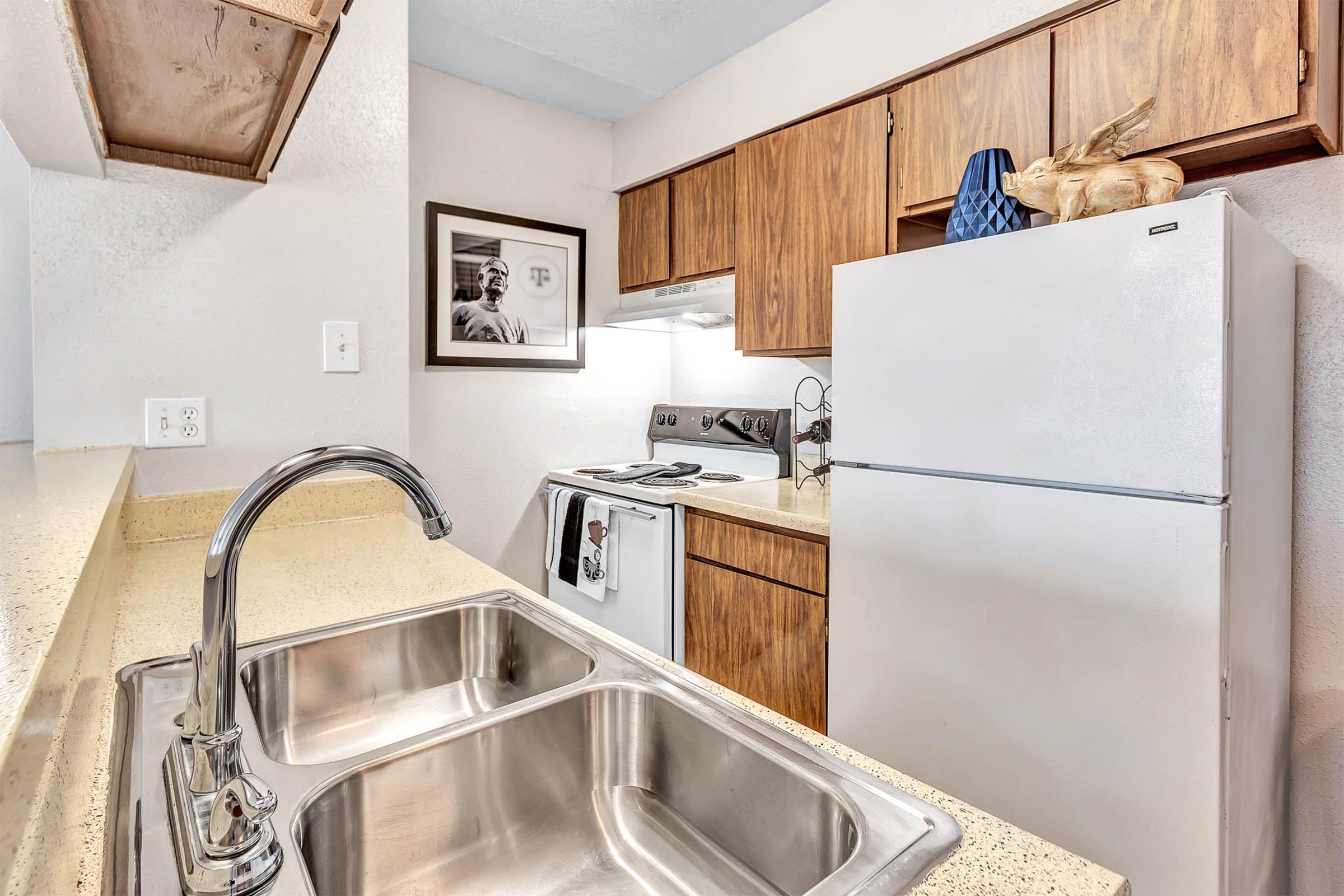 A modern kitchen featuring a double sink, a white refrigerator, and an electric stove. The cabinetry is dark wood, and there's a framed picture on the wall along with decorative items on the counter, creating a tidy and inviting atmosphere.