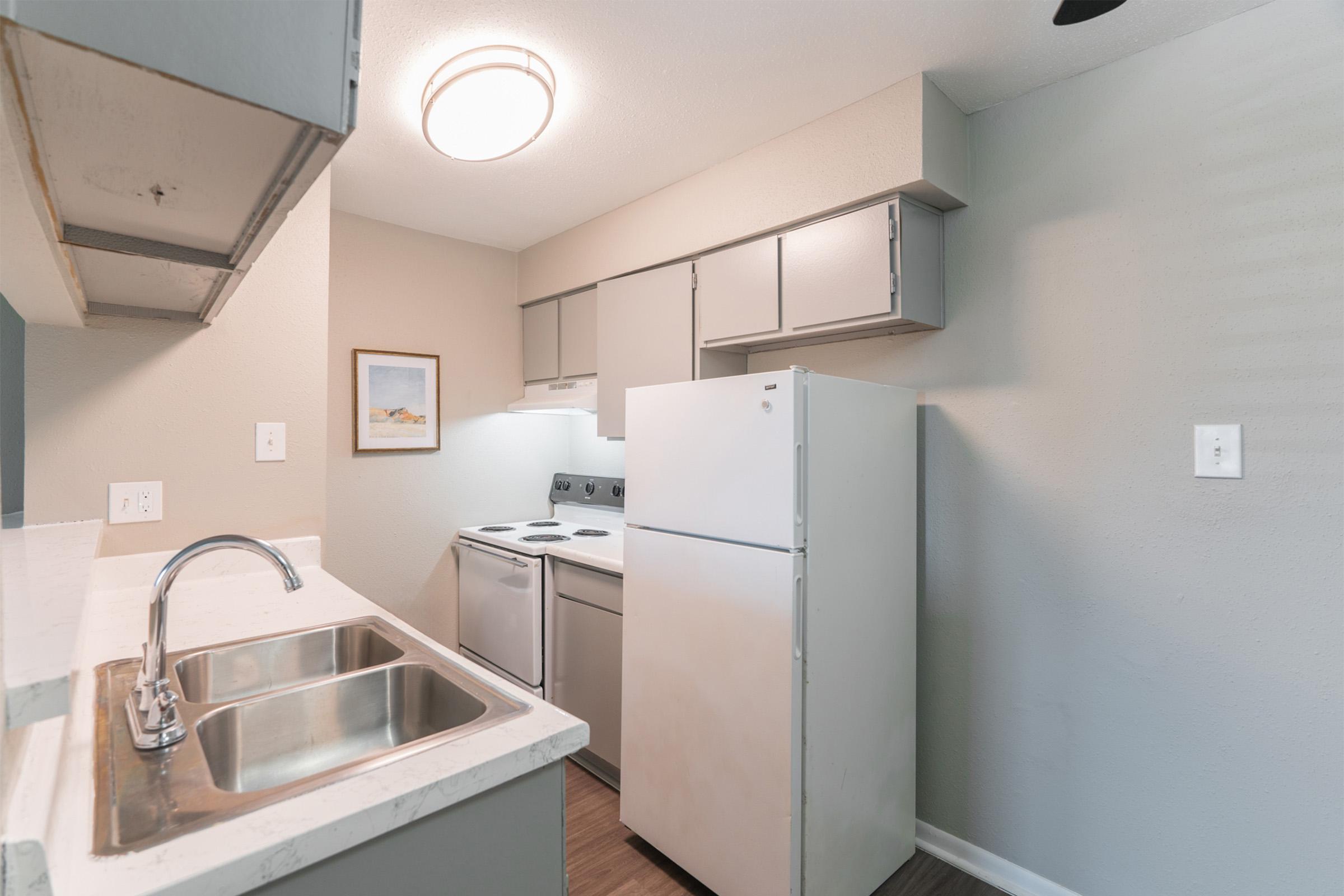 A small, modern kitchen featuring light gray cabinets, a double sink, a white refrigerator, and an electric stove. Natural light from a ceiling fixture illuminates the space. A framed picture is on the wall, adding a touch of decor to the otherwise simple and functional kitchen layout.