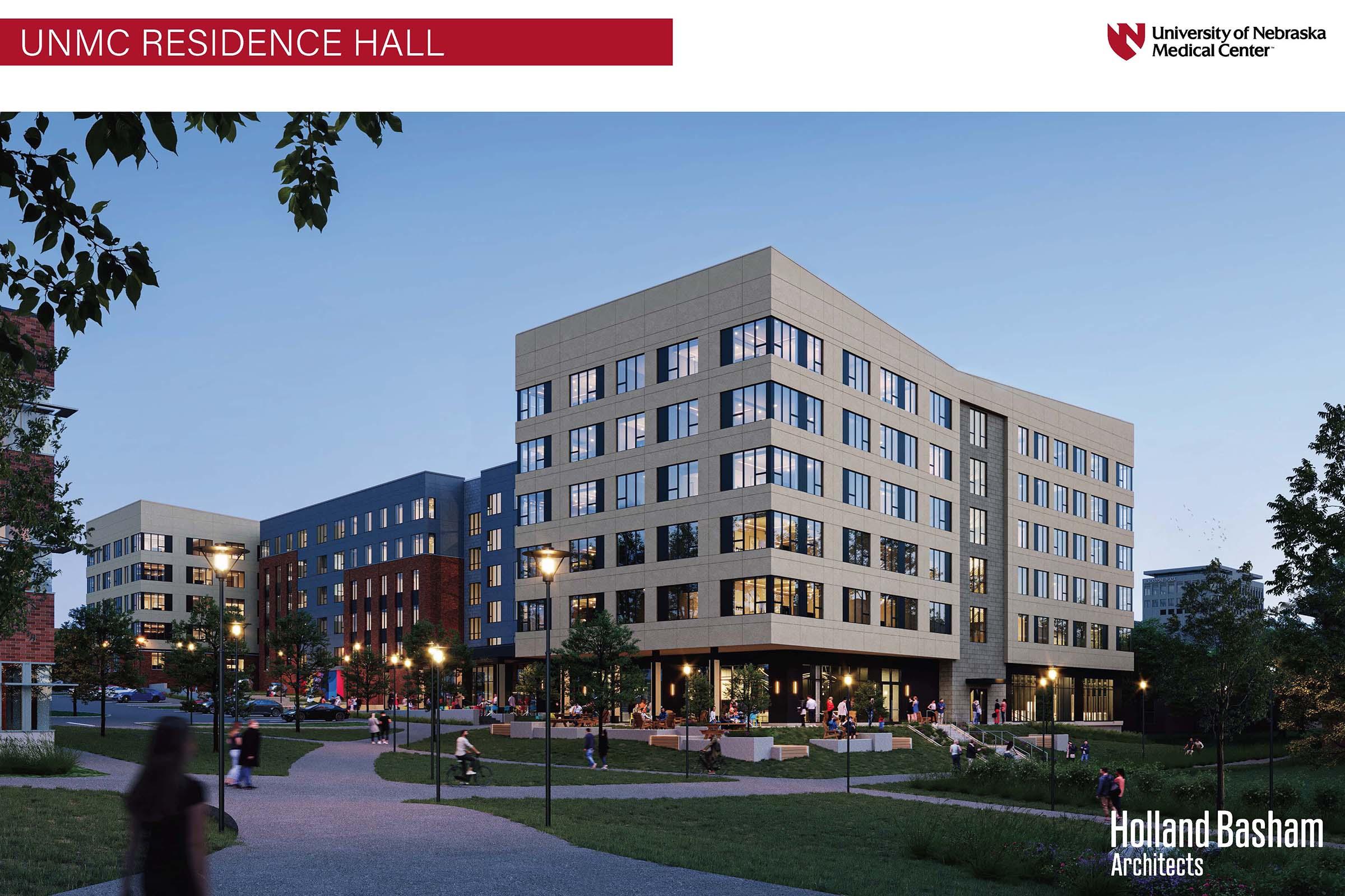 Modern residence hall at UNMC, featuring a multi-story building with large windows, landscaped walkways, and outdoor seating areas. The scene captures students walking and enjoying the space during dusk, with warm lighting and trees enhancing the inviting atmosphere.