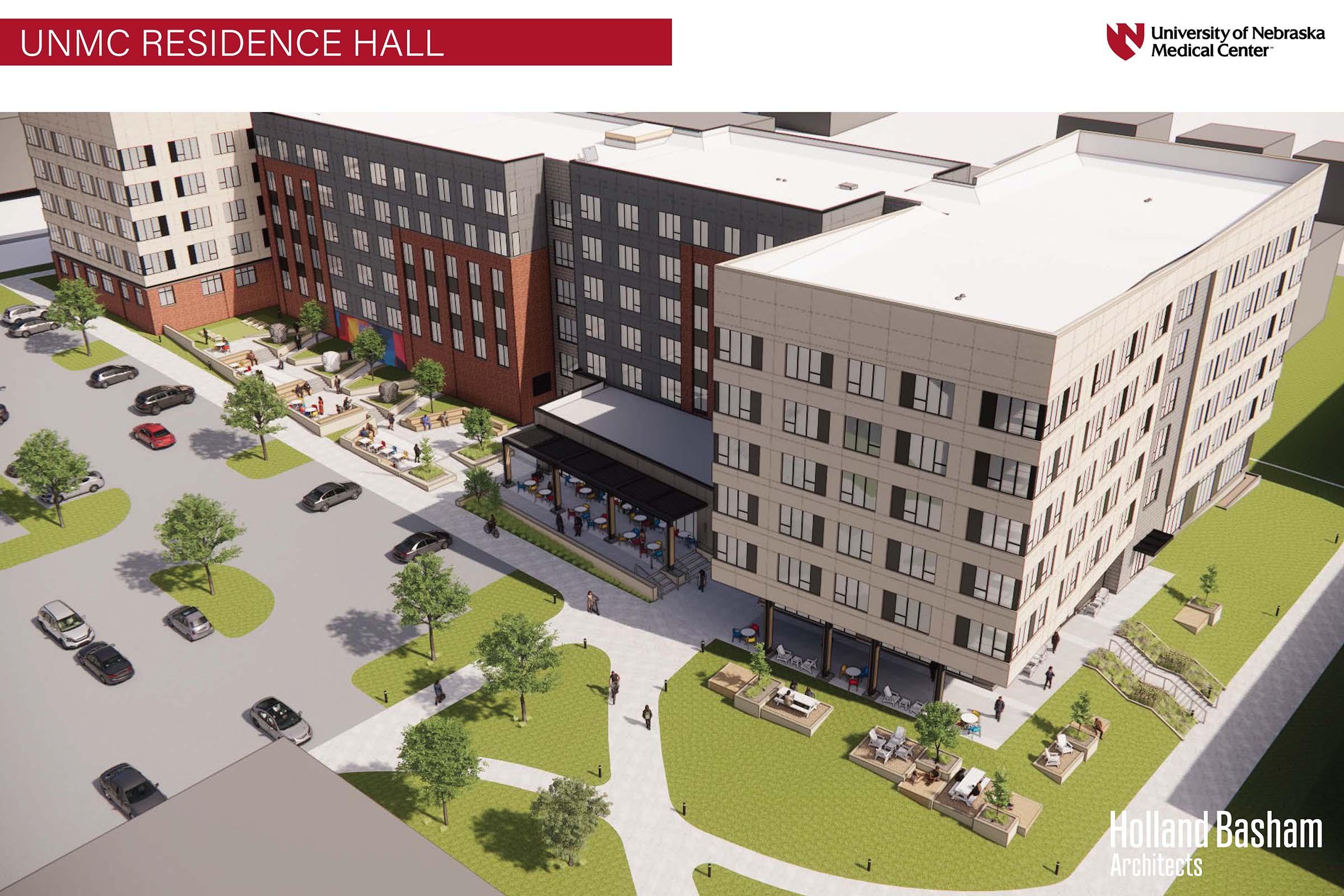 Rendering of the UNMC Residence Hall, showcasing a modern multi-story building design with a mix of brick and concrete elements. The layout highlights landscaped areas, pathways, and outdoor seating, emphasizing a welcoming environment for residents at the University of Nebraska Medical Center.
