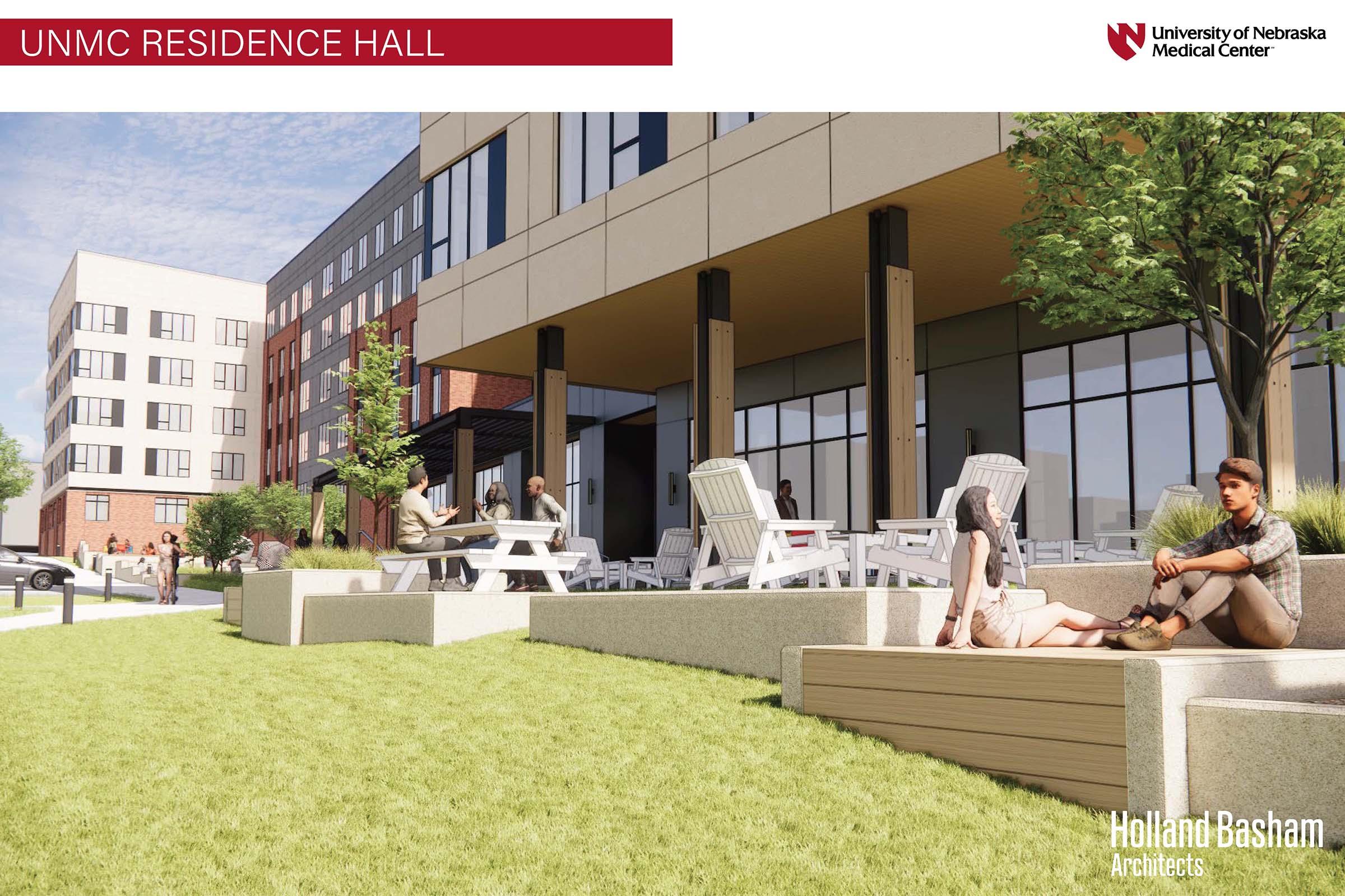Rendering of the UNMC Residence Hall featuring modern architecture. The image shows landscaped grounds with green grass, outdoor seating areas with lounge chairs, and people relaxing. The building has a contemporary design with large windows, surrounded by trees and landscaping, showcasing a welcoming environment for residents.