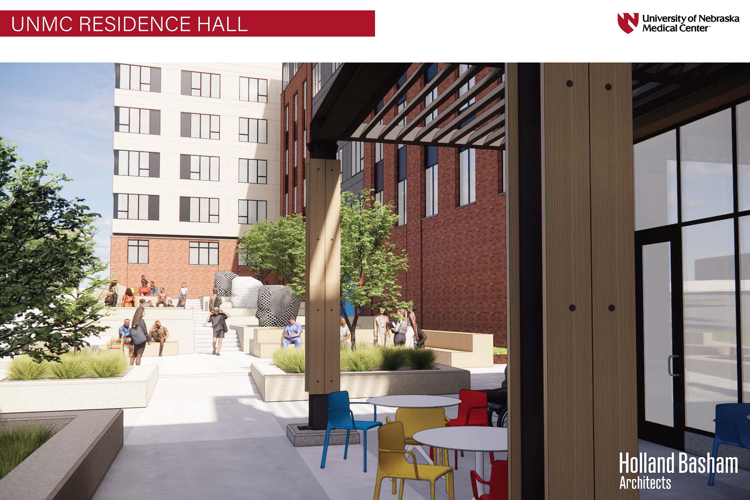 Rendering of the UNMC Residence Hall by Holland Basham Architects, featuring a modern architectural design with outdoor seating, pathways, and greenery. People are walking in the courtyard area, which includes colorful chairs and a contemporary aesthetic, emphasizing a welcoming campus environment.