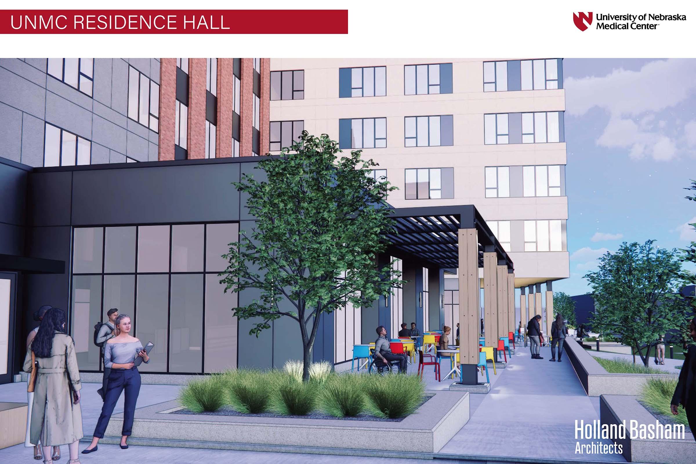 Rendering of the UNMC Residence Hall, featuring a modern building with large windows and a welcoming outdoor space. People are seen engaging near colorful seating and greenery, with an emphasis on a vibrant and inviting atmosphere for residents and visitors. Architect: Holland Basham.