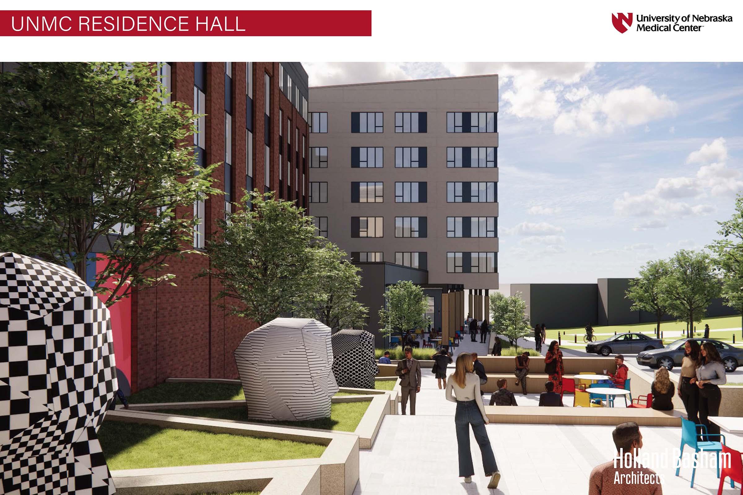 Render of the UNMC Residence Hall at the University of Nebraska Medical Center. The image features a modern building with a mix of brick and glass facades, landscaped outdoor areas with colorful sculptures, trees, and people engaging in activities around seating areas.