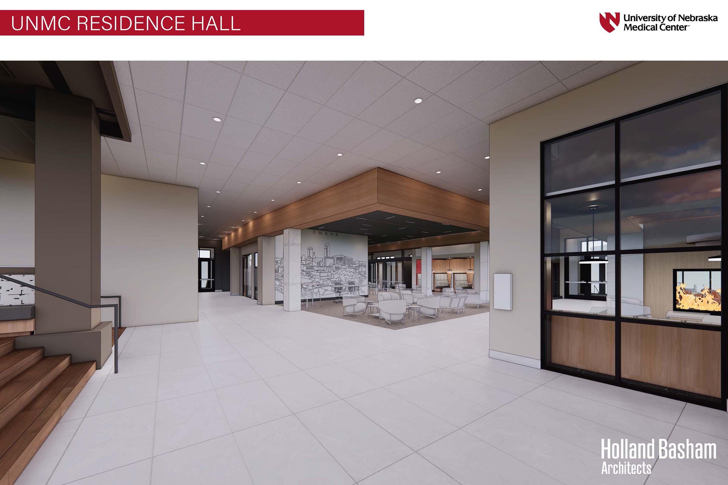 Interior view of the UNMC Residence Hall showcasing a spacious lobby area with modern design elements, large windows, and various seating arrangements. The space features light-colored walls, wooden accents, and an open layout, enhancing a welcoming atmosphere for residents and visitors.