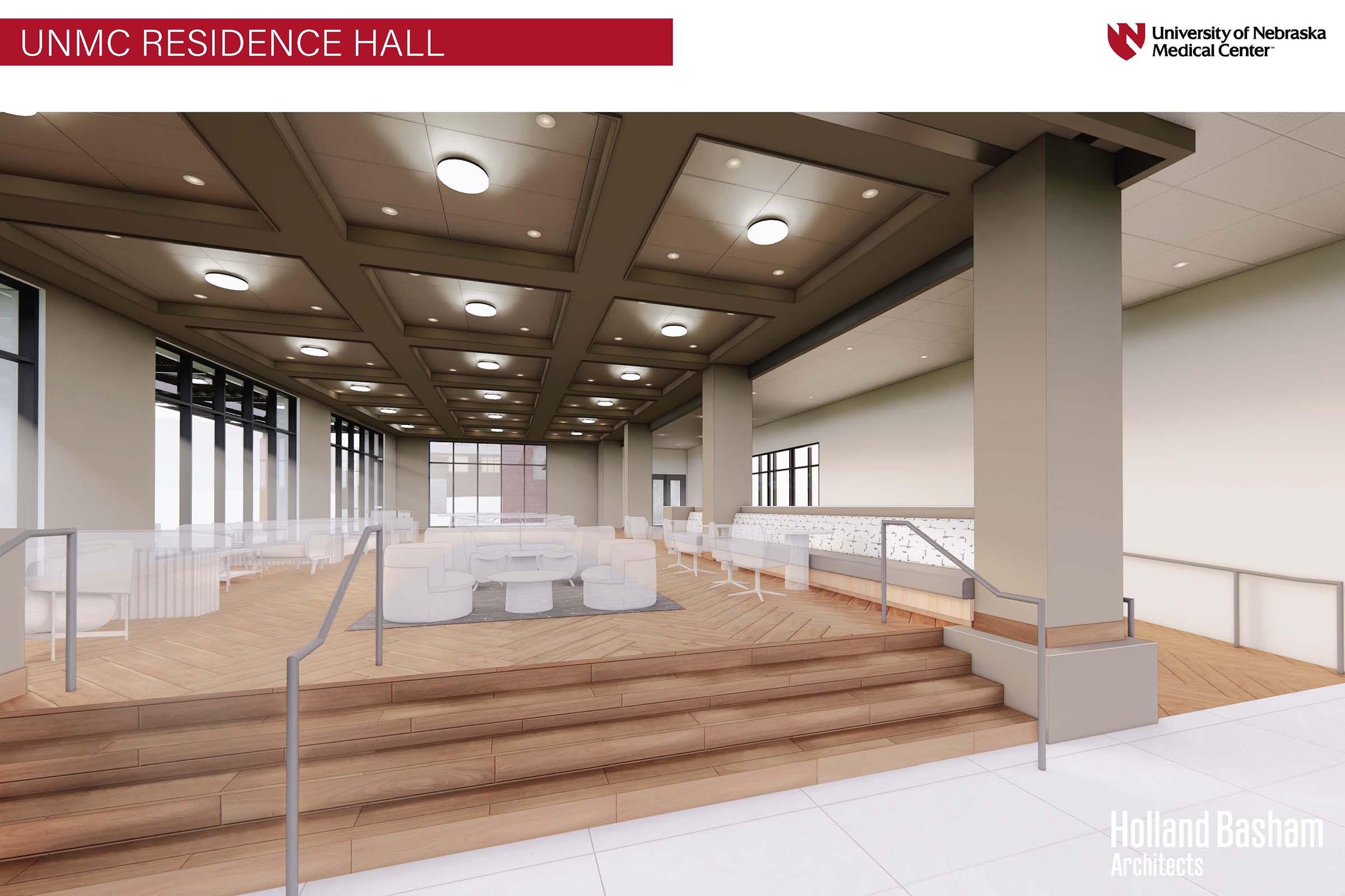Interior rendering of the UNMC Residence Hall, featuring a spacious common area with wooden flooring, modern furniture, and large windows allowing natural light. The design includes a staircase and a contemporary aesthetic, highlighting a welcoming environment for residents. Branding for University of Nebraska Medical Center and architect Holland Basham is displayed.