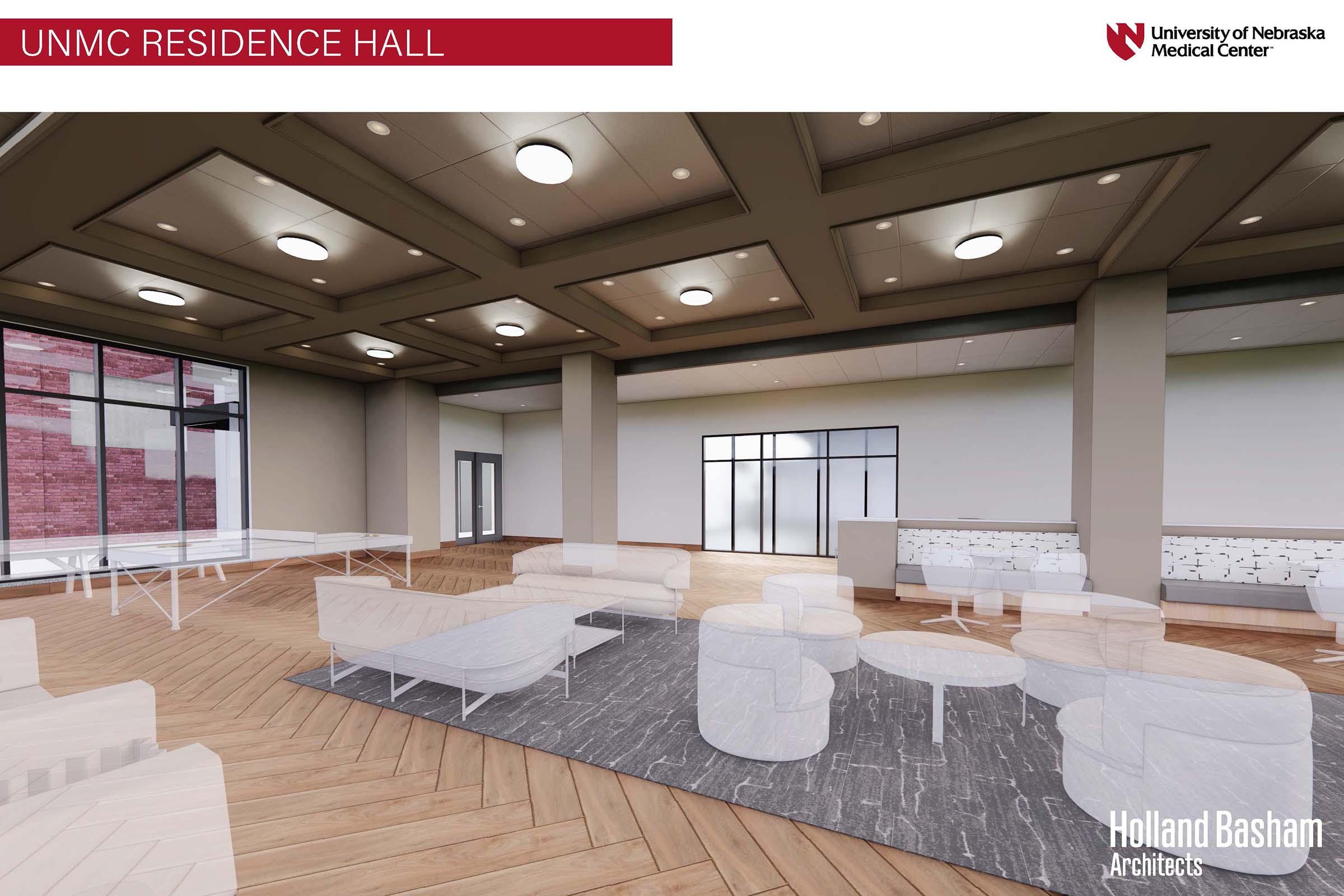 Interior rendering of the UNMC Residence Hall featuring a spacious common area with modern furniture, large windows allowing natural light, and a contemporary design. The flooring is wooden, and there are multiple seating arrangements, including tables and chairs. The design reflects comfort and functionality for residents.