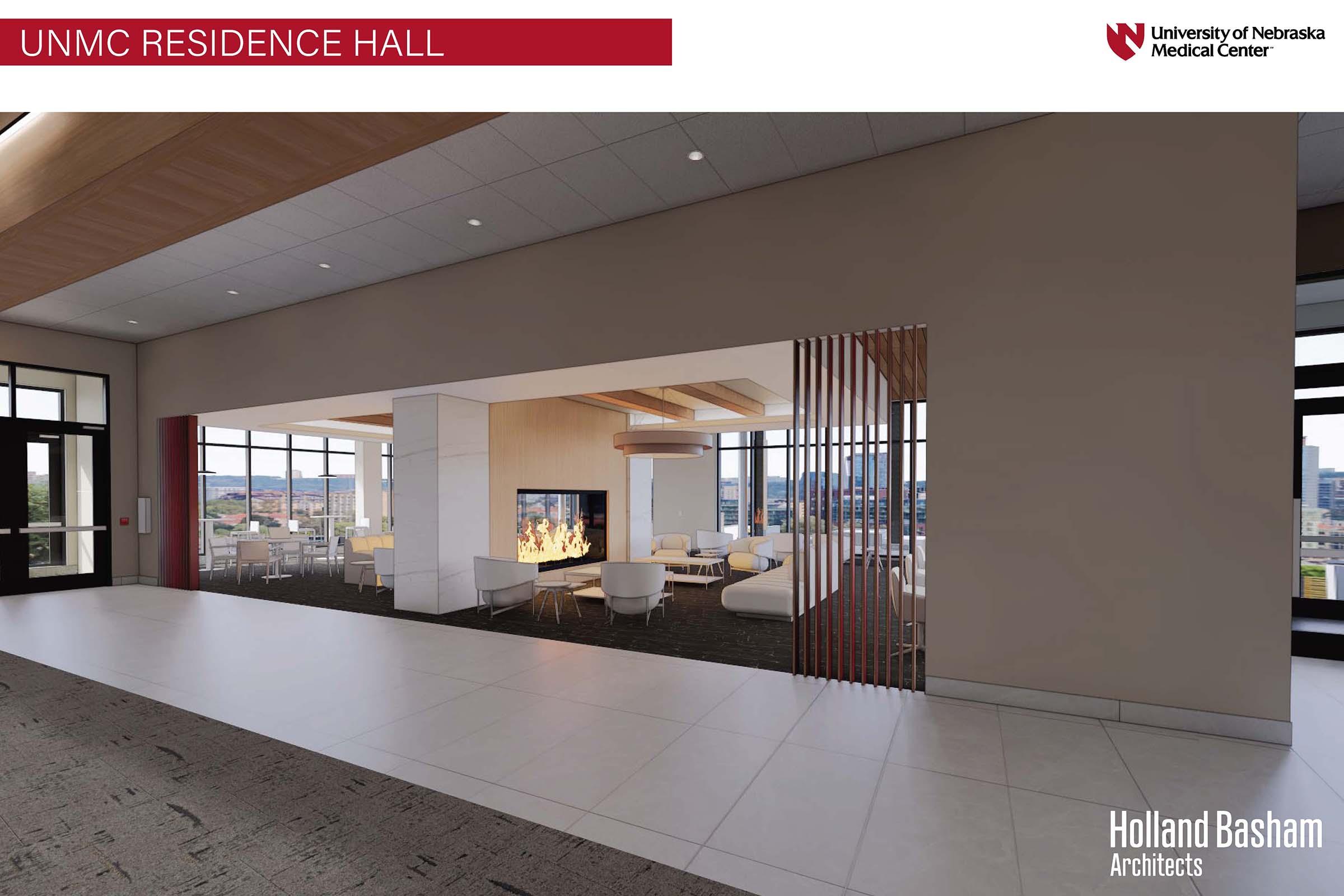 Interior view of the UNMC Residence Hall featuring a modern common area with seating, a stone fireplace, and large windows. The design includes stylish furniture and neutral color tones, creating a welcoming and comfortable environment for residents. Architect: Holland Basham Architects.
