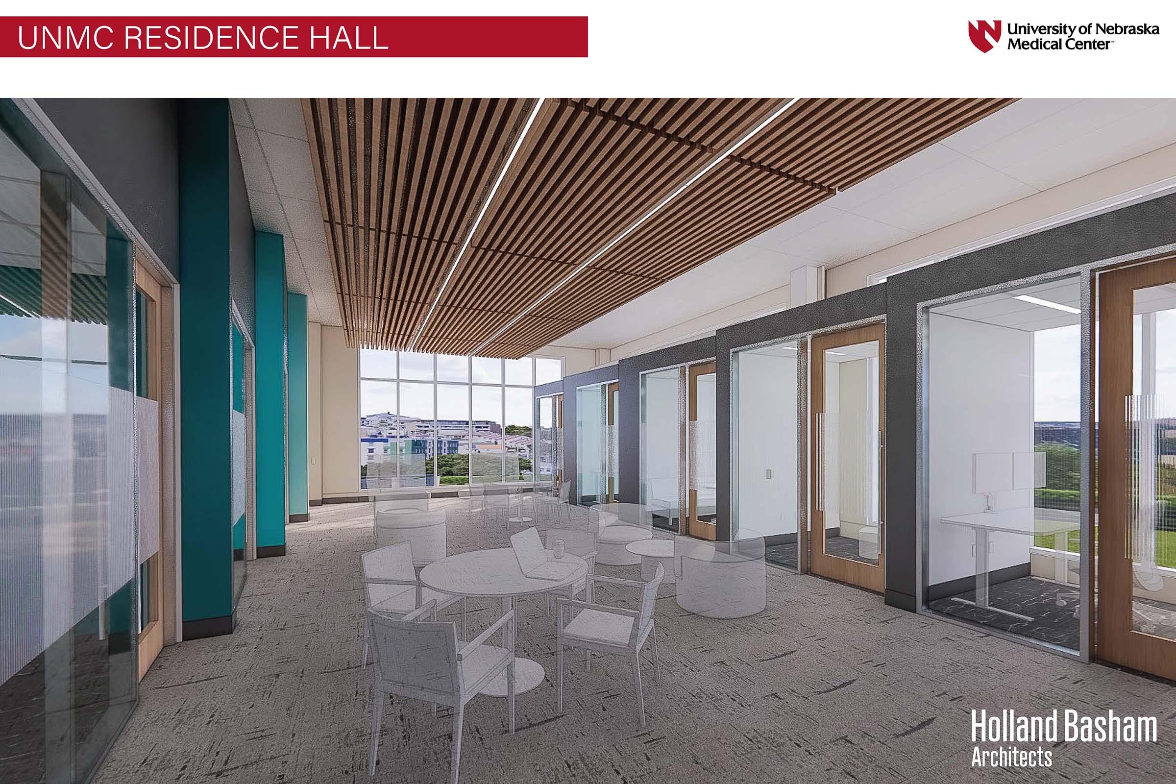 Interior view of the UNMC Residence Hall featuring large windows allowing natural light, modern furniture including round tables and chairs, a minimalist design with wooden ceiling beams, and a spacious, open layout promoting a collaborative environment. Branding for Holland Basham Architects present.