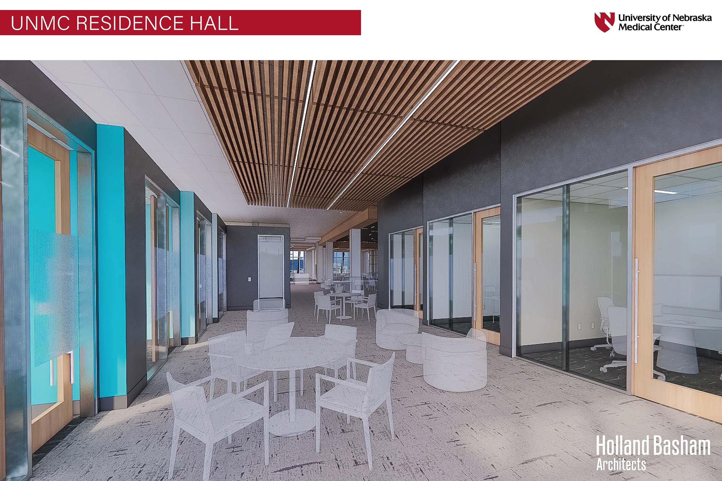 Interior view of the UNMC Residence Hall designed by Holland Basham Architects, showcasing a spacious corridor with modern furnishings, large windows, and a contemporary ceiling design. The color palette includes cool tones and natural wood accents, providing a bright, inviting environment for students.