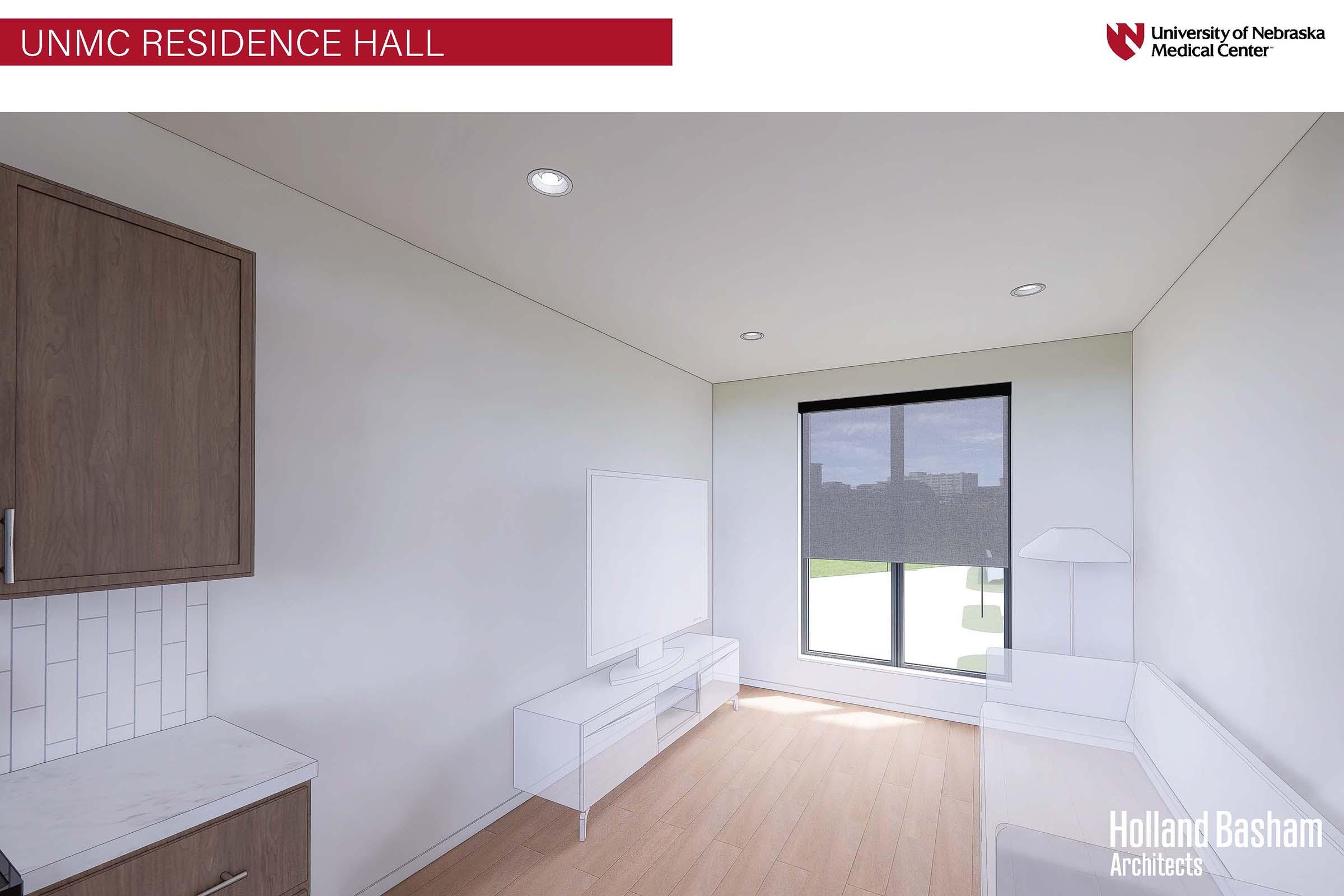 Interior view of a modern residence hall room at the University of Nebraska Medical Center. Features include a large window with natural light, a minimalist furniture layout with a white entertainment unit and wooden cabinetry, and a clean, bright aesthetic.