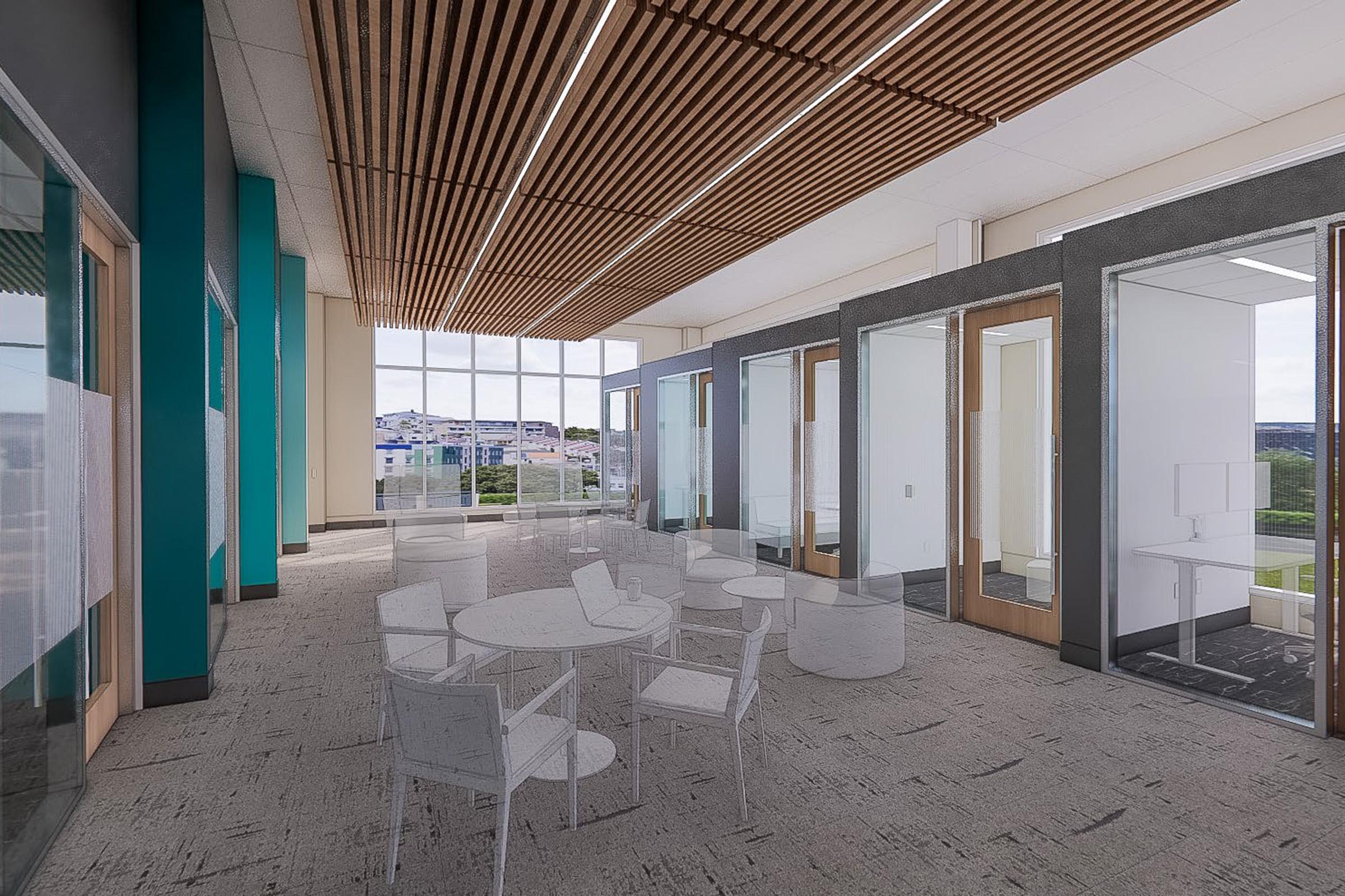 Modern office interior featuring a spacious layout with glass meeting rooms, circular tables, and white chairs. Large windows allow natural light, showcasing an outdoor view. Wood paneling on the ceiling adds warmth, while a contemporary design creates a professional atmosphere.