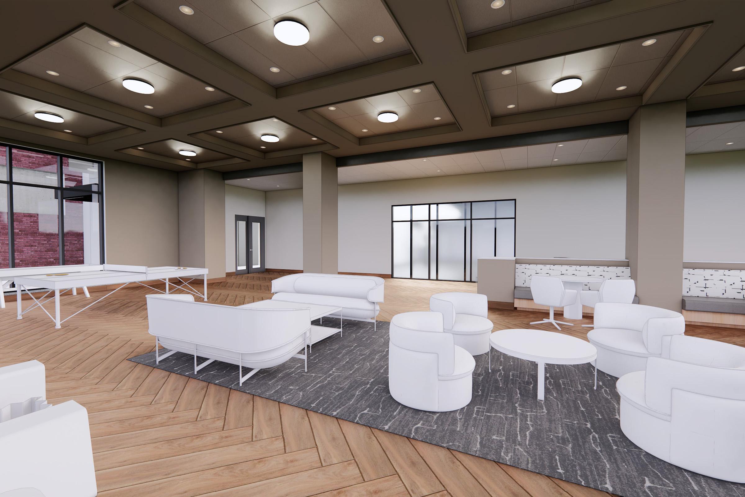 A modern indoor lounge area featuring white upholstered furniture, including sofas and armchairs, arranged around a round coffee table on a patterned rug. Large windows allow natural light to fill the space, and the wooden floor has a herringbone pattern. The atmosphere is stylish and inviting.