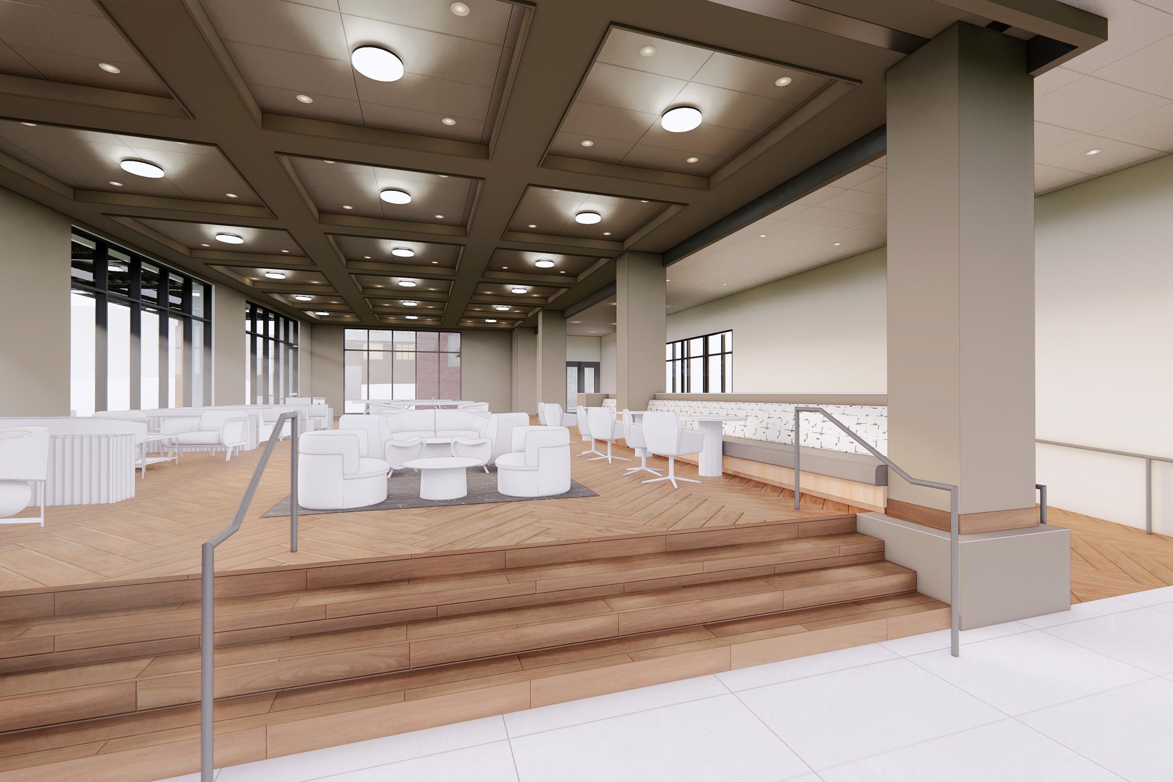 A modern interior space featuring a spacious layout with wooden steps leading up to a seating area. The decor includes white furniture like chairs and tables, large windows for natural light, and a clean, minimalist design. The overall ambiance is bright and inviting.