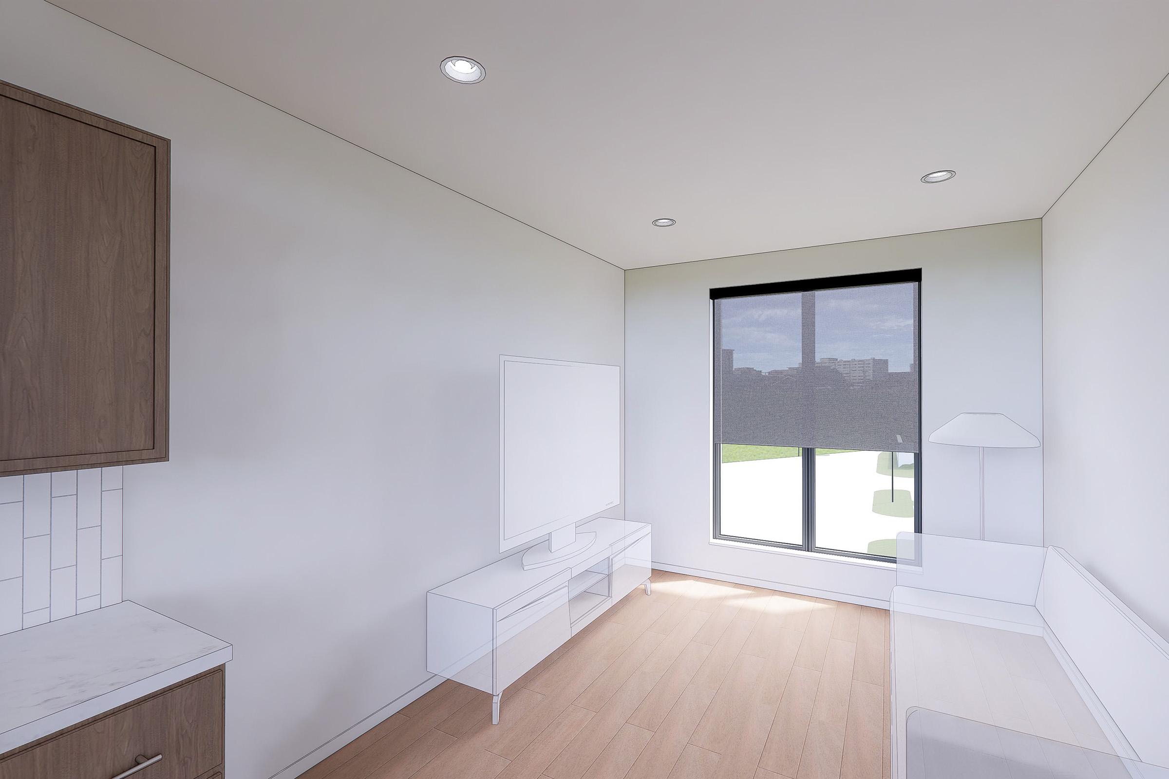 A modern, minimalist room featuring a wooden cabinet, a sleek white couch, and a TV stand with a flat-screen monitor. Large windows with a black blind offer a view of greenery outside. The walls are painted white, and the floor has light wood flooring. Soft lighting is provided by recessed ceiling fixtures.