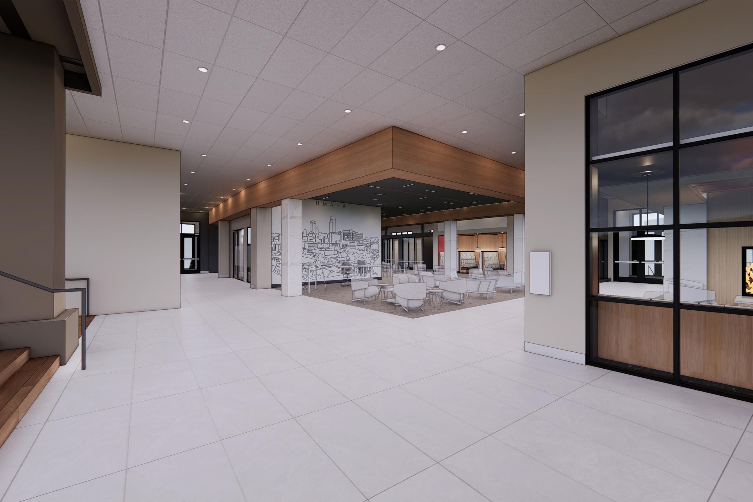 Interior view of a modern, spacious corridor featuring light-colored walls and a sleek ceiling. The area has wooden accents and large windows, with a lounge area visible in the background, showcasing white furniture and a mural depicting a city skyline. The floor is tiled with large light tiles.