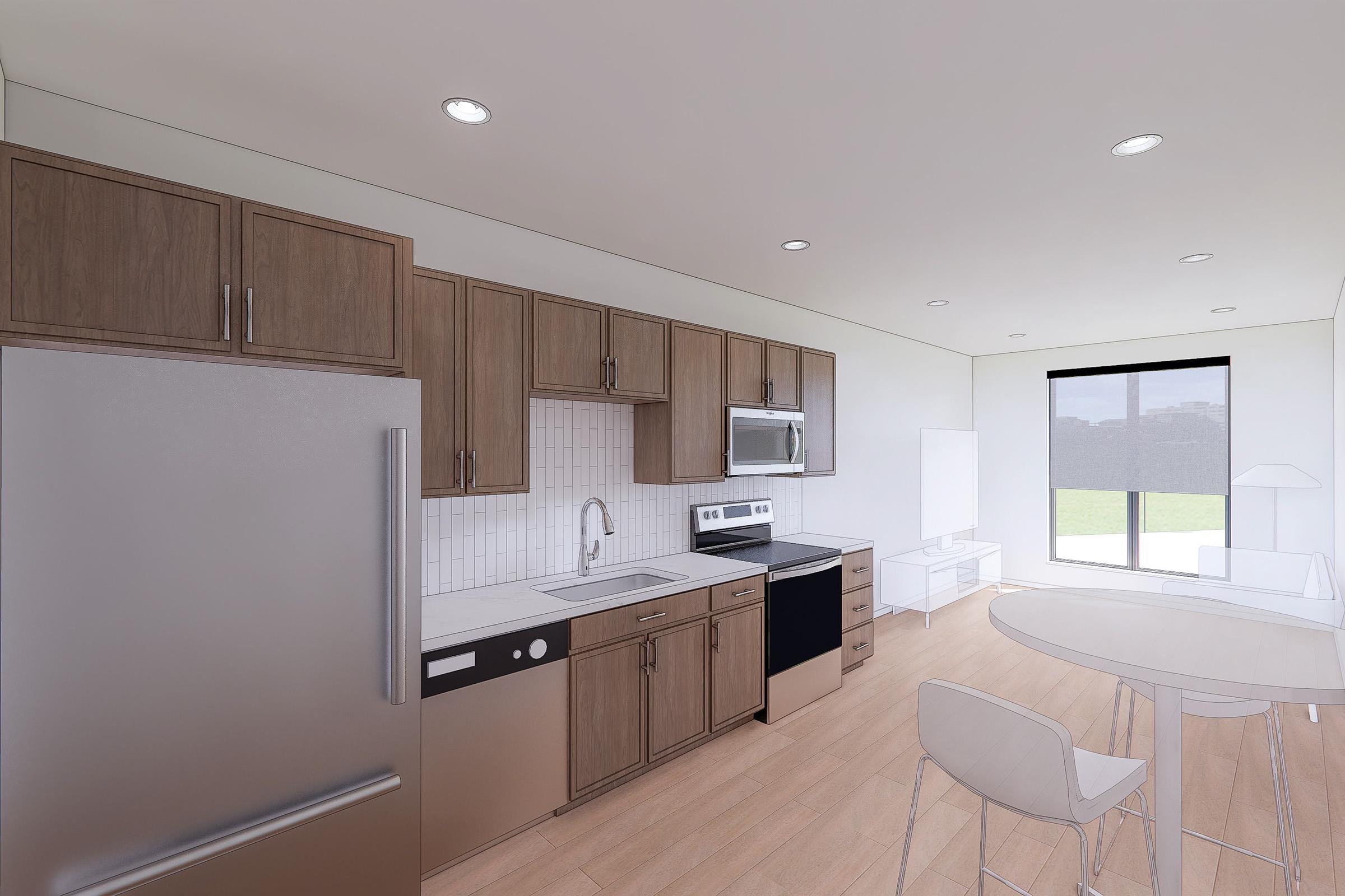 Modern kitchen featuring wooden cabinets, stainless steel appliances, a sink, and a countertop with a stove and microwave. A dining table with white chairs is present, along with a large window allowing natural light to fill the space. The flooring is light-colored wood.