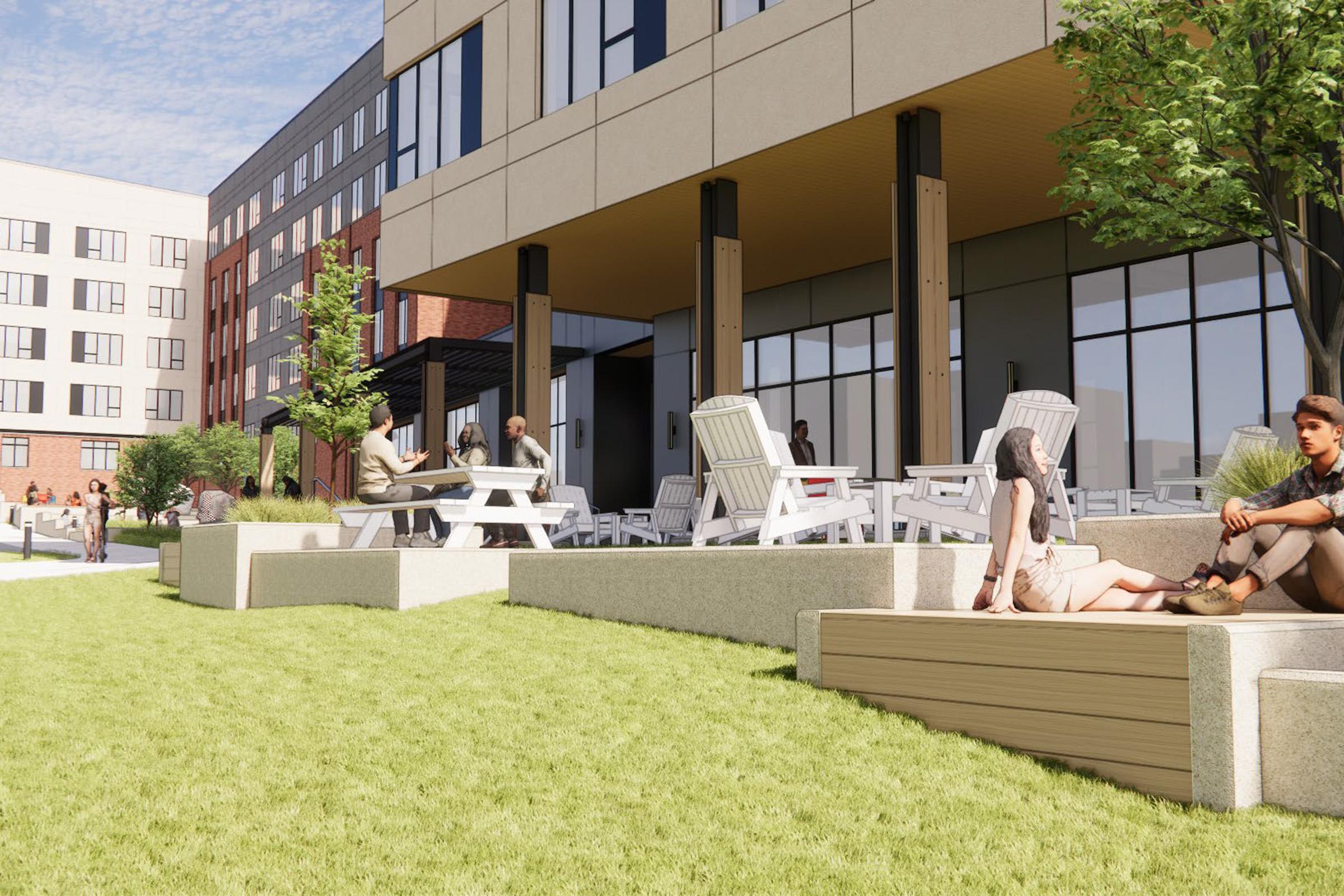 Outdoor space with seating areas and lounge chairs, featuring people relaxing and engaging in conversation. The scene includes green grass, trees, and a modern building in the background, creating a vibrant and inviting atmosphere.