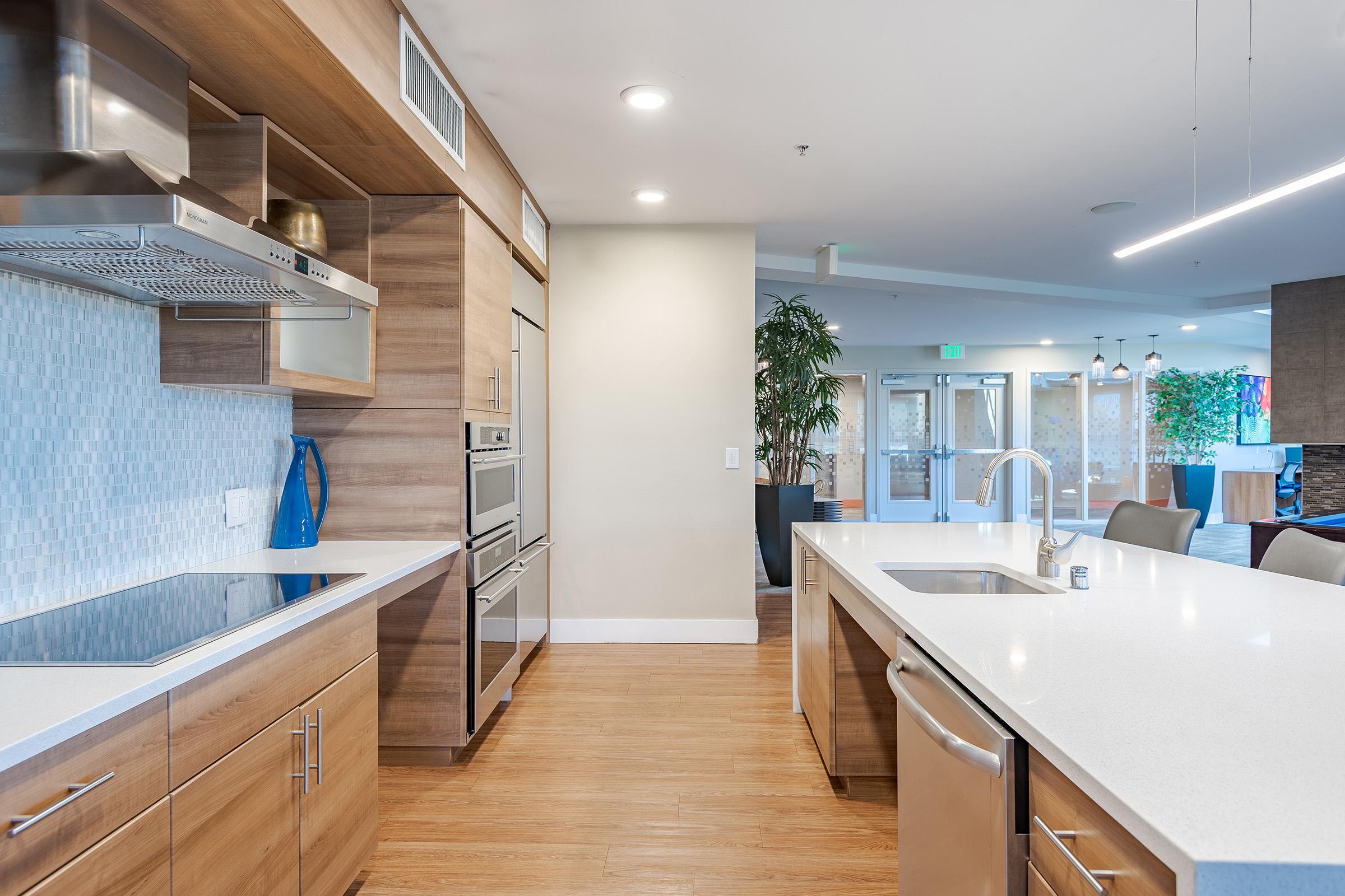 A modern kitchen with wooden cabinetry, stainless steel appliances, and a spacious layout. The kitchen features a countertop, built-in oven, and a cooktop, with natural light streaming in from nearby windows. There is a potted plant in the corner and a neutral color palette throughout the space.