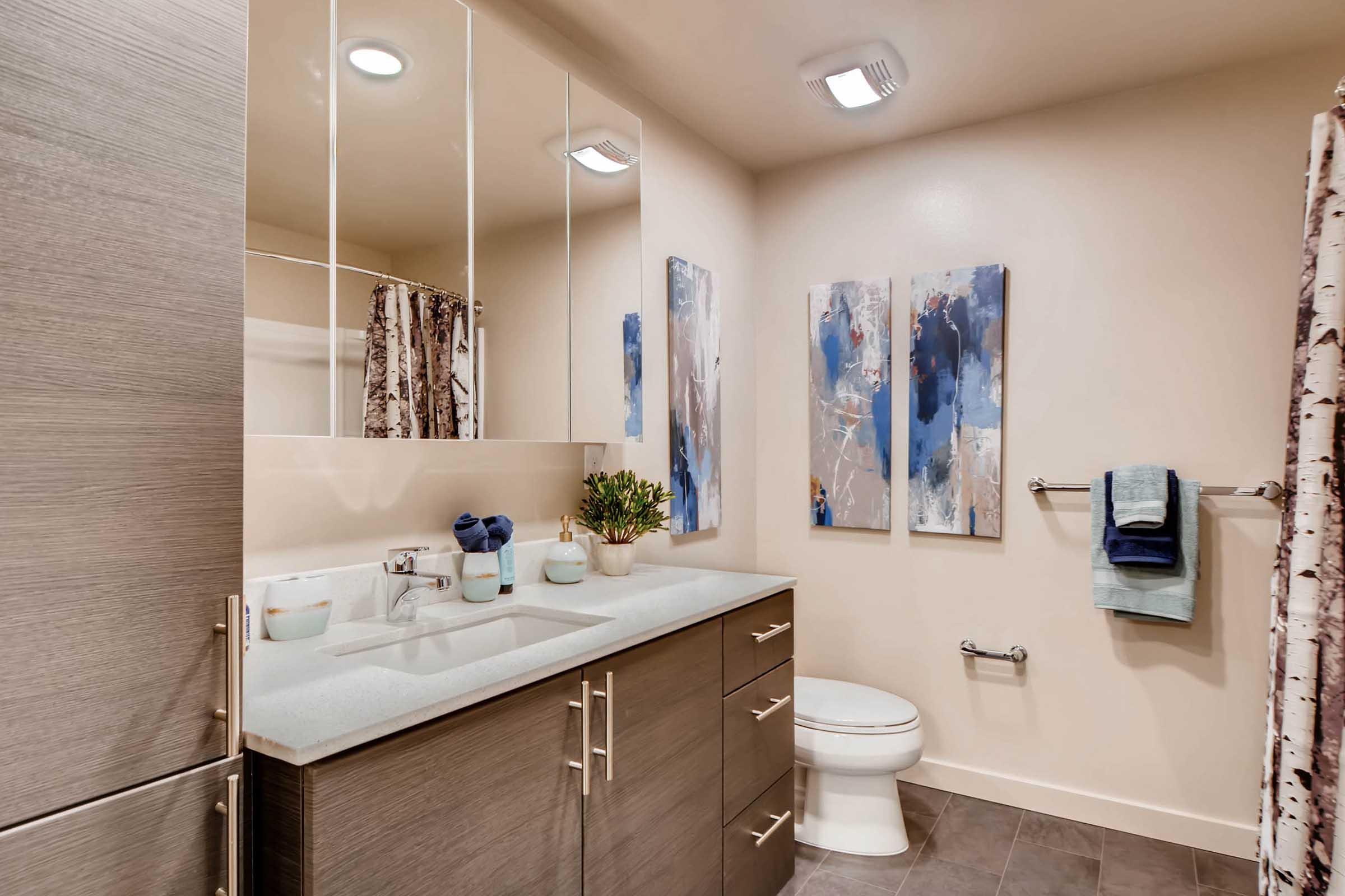 Modern bathroom featuring a sleek design with a light-colored wall, a large mirror above the vanity, and two abstract paintings. The vanity has a stone countertop with a sink, and there are neatly arranged towels on a holder. A toilet is positioned next to the vanity, complementing the contemporary aesthetic.